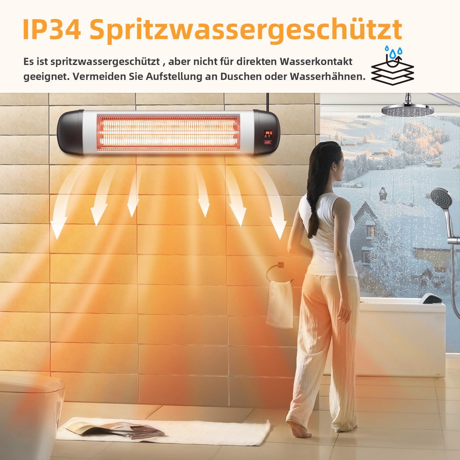 Heizstrahler Terrasse Infrarotheizung 2500W - Infrarot Strahler | Outdoor mit Fernbedienung Elektrisch Wärmestrahler Wandmontage 3 Heizstufen Terrassenstrahler Aussen für Bad Balkon Garten