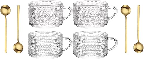 Tazas de café de vidrio vintage de 14 onzas, juego de 4 tazas de vidrio en relieve para té, tazas de café para capuchino, café con leche, cereales,