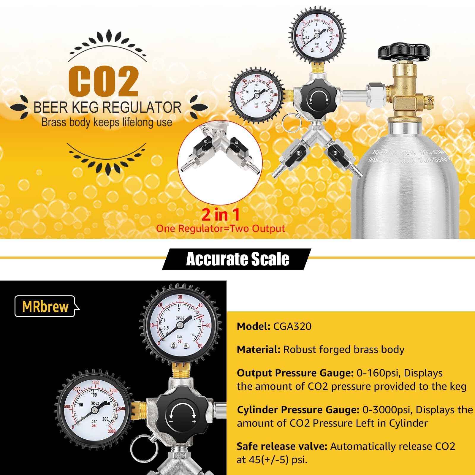 MRbrew Régulateur de CO2 à double sortie pour Kegerator Régulateur de bière à double sortie CGA-320 avec pression de fonctionnement de 0 à 60 PSI et pression du réservoir de 0 à 3000 psi, équipement