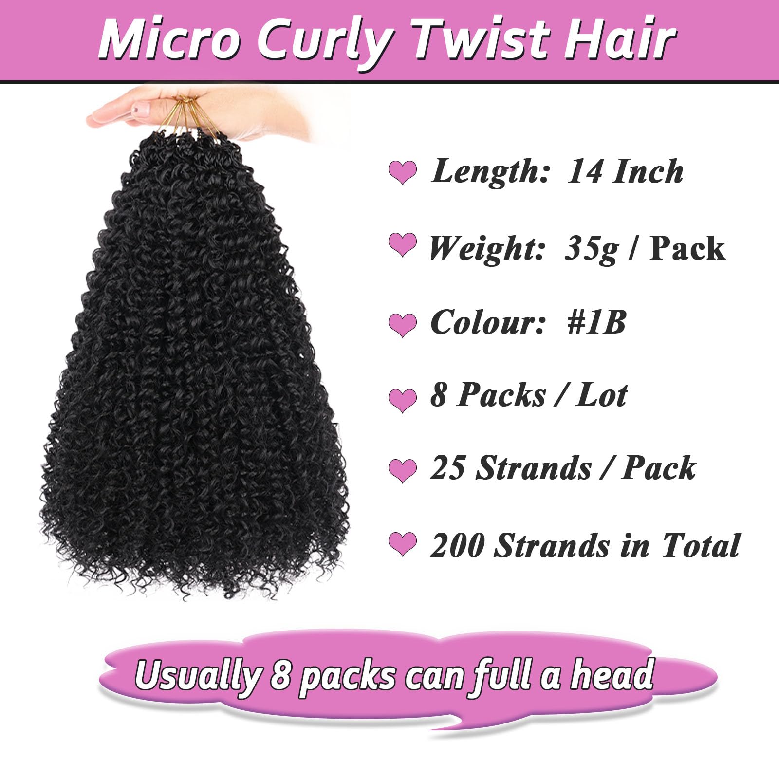 Samtress 14 Inch Pre Looped Micro Curly Twist Crochet Hair 8 Packs Black Mini Passion Twist Micro Kinky Curly Crochet Hair Extensions Yanky Twists Hair Synthetic for Black Women (#1B) - Image 2