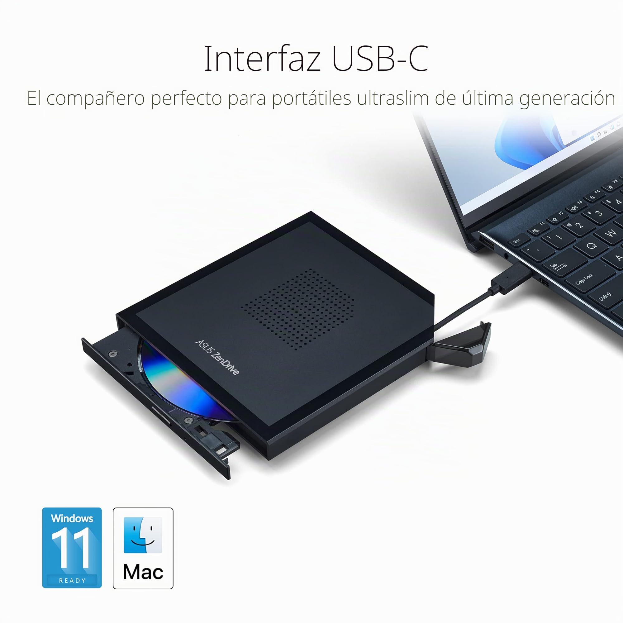 ASUS ZenDrive V1M - Grabadora de DVD Externa ZenDrive V1M con Cable Integrado, Interfaz USB-C, Compatible con Windows 11 y macOS, Soporte M-Disc y soluciones para Hacer copias de Seguridad