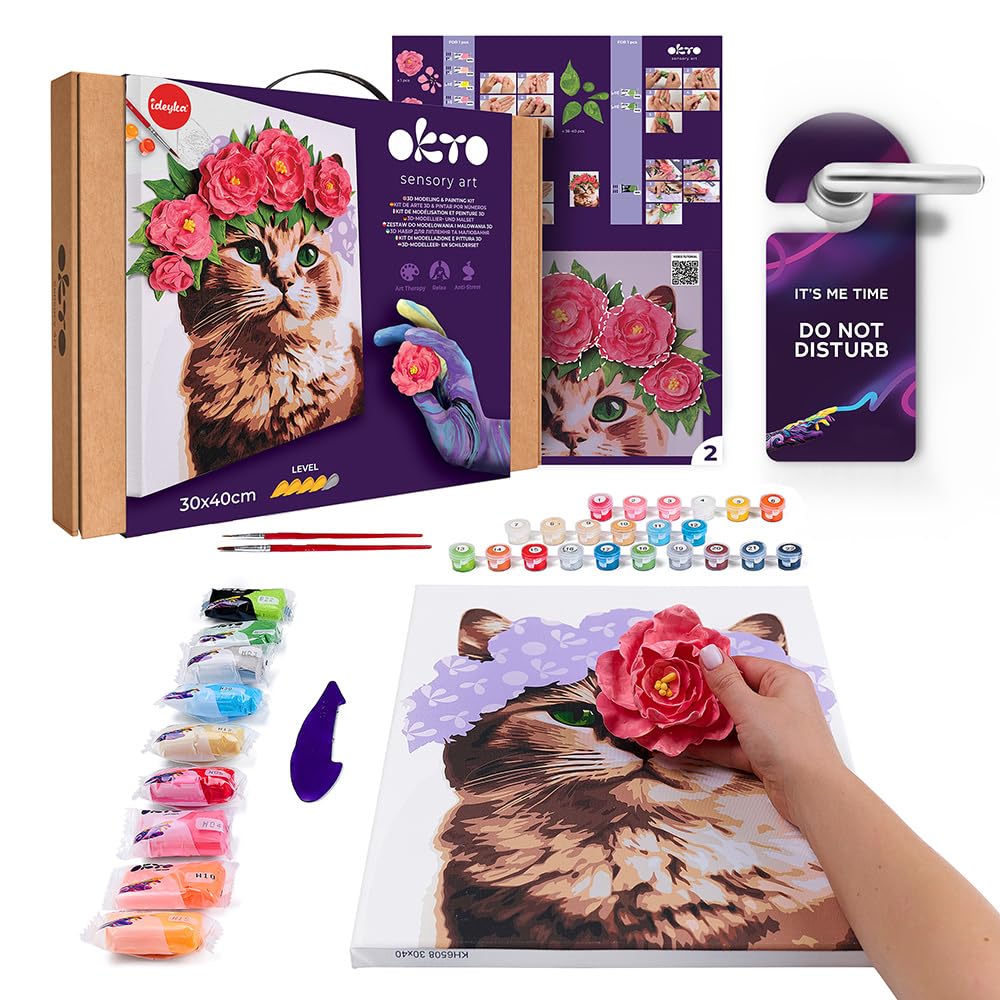 Okto & Ideyka 30010 - Juego de modelado 3D y pintura por números - Elegante gatito - Kit para creatividad y decoración - Arte sensorial - Pintura acrílica y arcilla seca al aire - Tamaño del marco 30