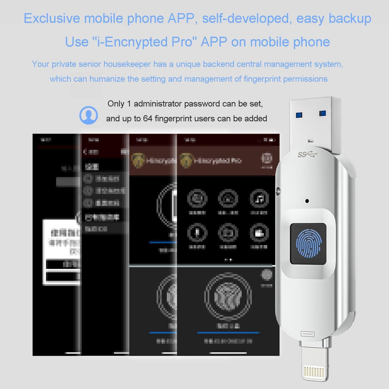 Chiavetta USB 3.0 Con Impronta Digitale, Unità USB Da 64 Gb/128 Gb/256 Gb/512 Gb per iPhone 15/iPad/Android/Windows/Mac, Memory Stick Con 60 Id Di Impronte Digitali Consentiti 64GB