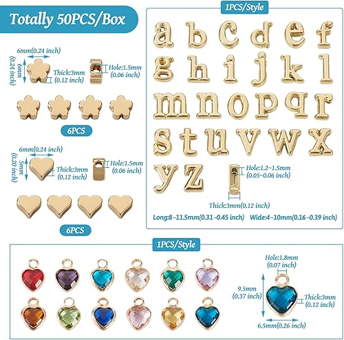 Miniatura 2 de Cheriswelry Juego de 50 piezas de joyería de piedra natal con forma de corazón, dijes de cristal de aleación de letra A  Z, cuentas de latón, flores