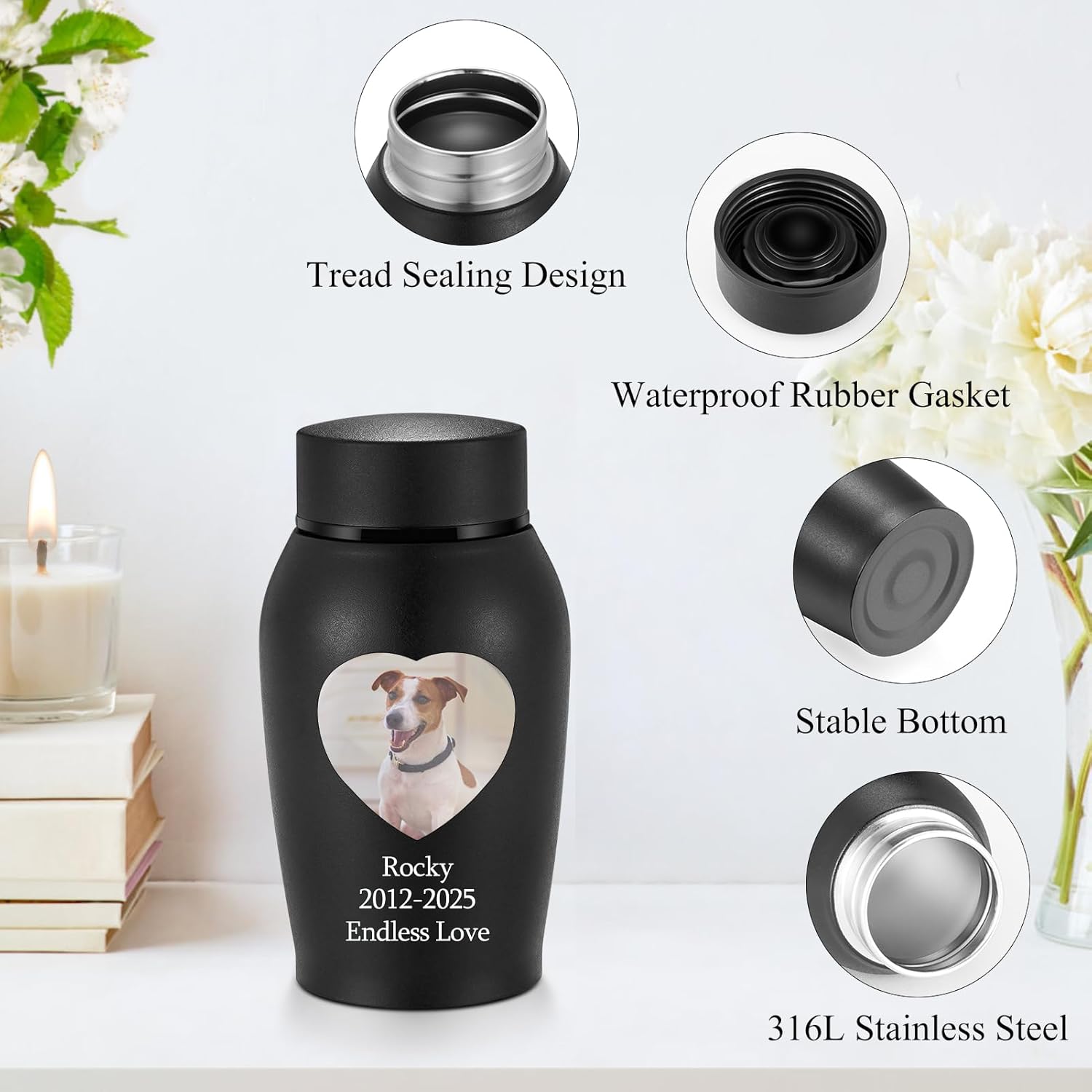 abooxiu Photo Custom Small Urn for Dog Ashes Cat Ashes Pet Memorial Urns for Ashes Stainless Steel Cremation Keepsake Urn Photo Personalize Pet Urn Pet Memorial Gifts for Dog Cat-Black