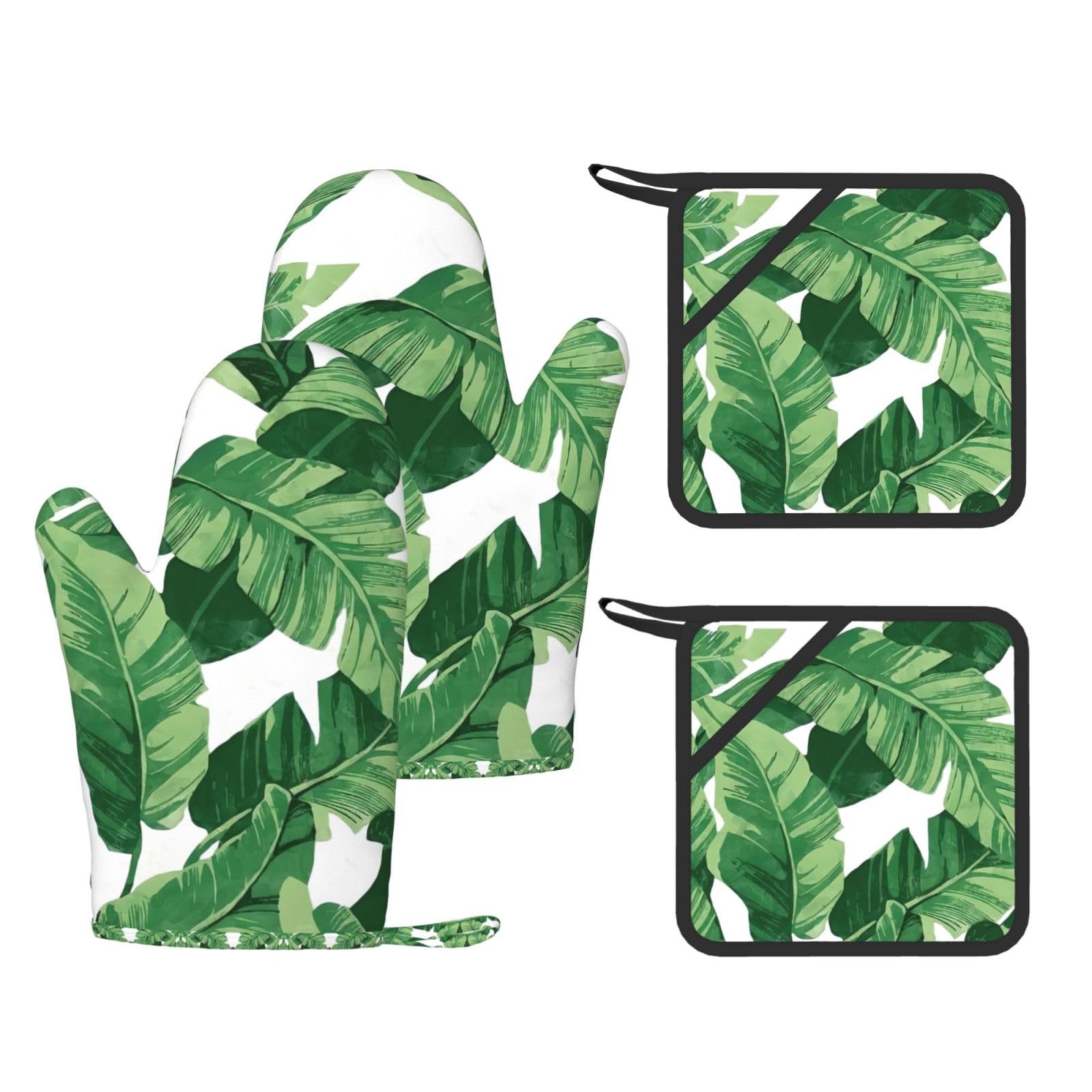 Cute green palm leaves Trendy Printed Kitchen Set with Heat Resistant Gloves & Non-Slip Hot Pads for Baking & Grilling