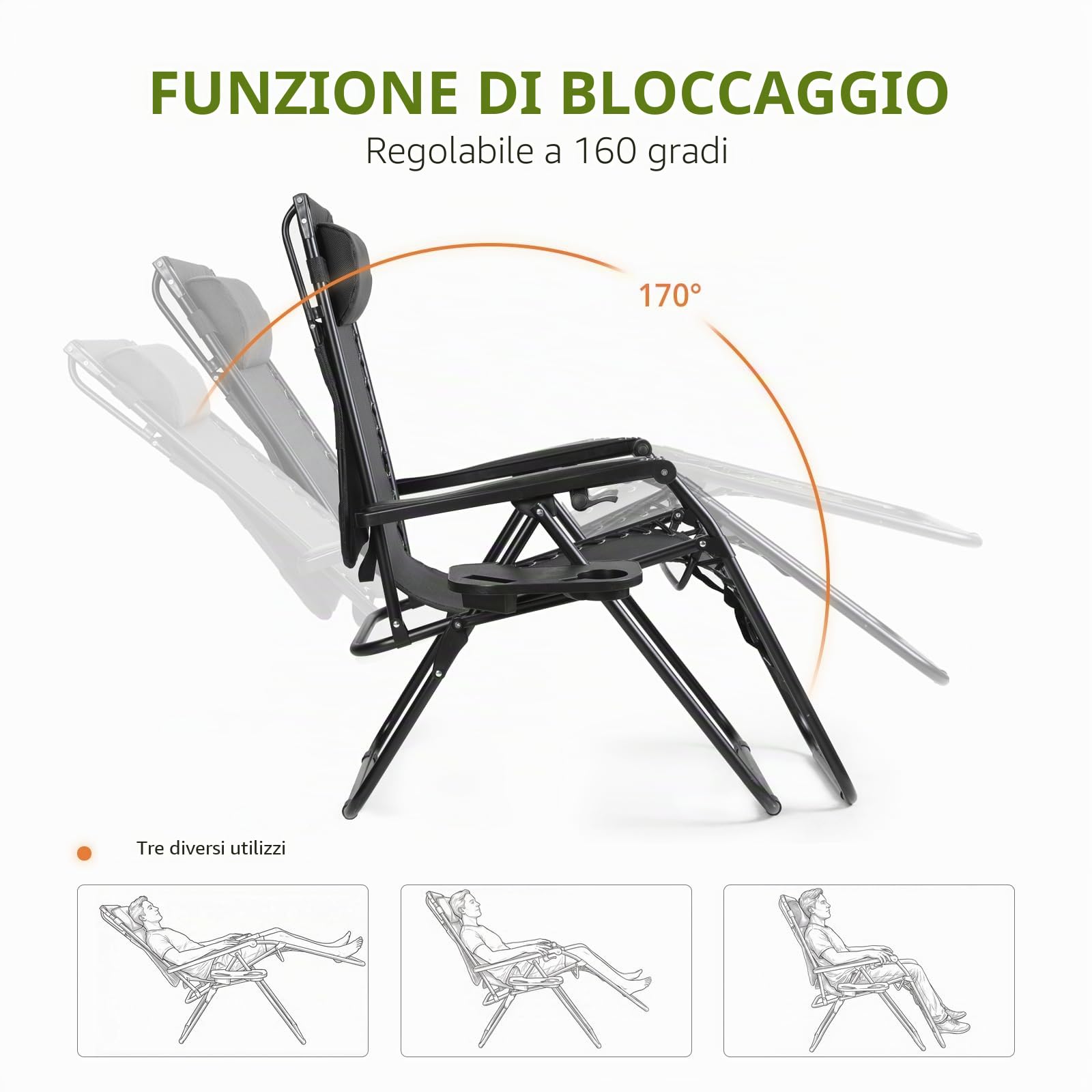 VOWNER Sedie da Giardino Pieghevoli, Set di 2 Poltrone Esterno, Nero | Poltrone pieghevoli da esterno con tettuccio parasole e porta bevande per piscina.