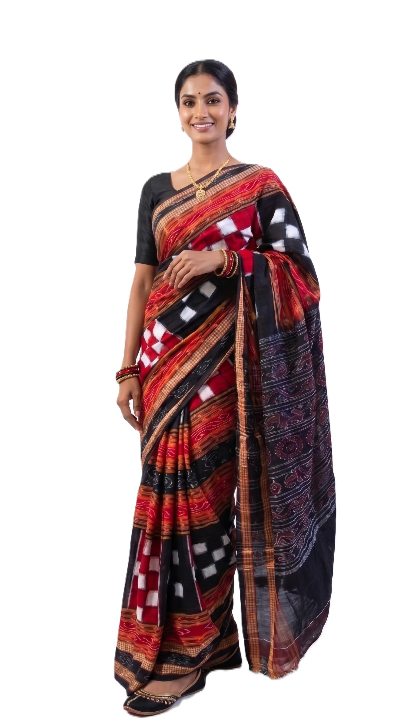 Traditional Women's Pure Cotton Sambalpuri Handloom Saree | Authentic Pasapali Ikat Woven Design Saree for Festivals & Ethnic Wear (Black & Red)-image-36
