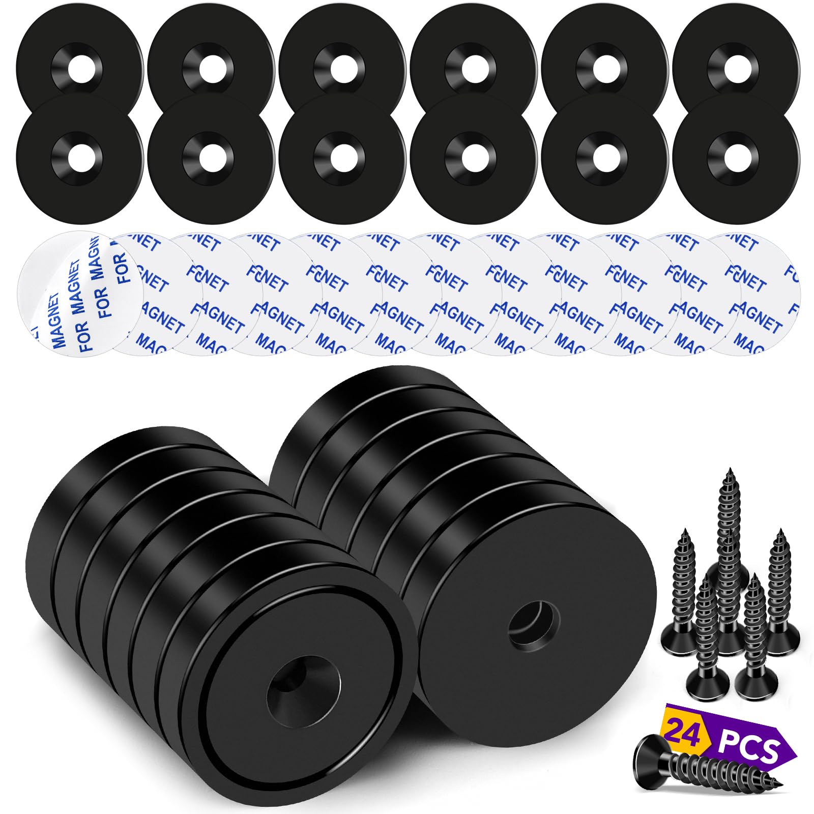 TRYMAG 12 Pack Rare Earth Neodymium Cup Magnets, 80Lbs Heavy Duty with Screw, Steel Pads and Adhesive Backing, Disc Magnets with Countersunk Hole for Wall Mounting, Hanging