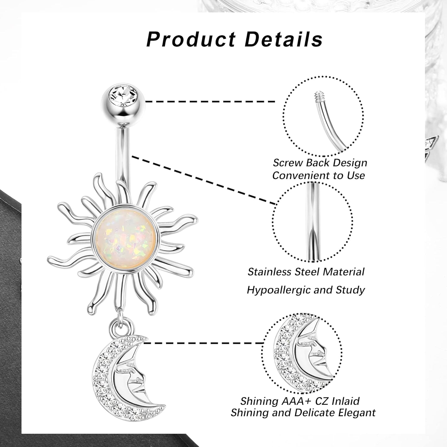 Dochais Belly Buton Rings Surgical Stainless Steel Belly Button Ring for Women Dangle Belly Button Rings Butterfly Cubic Zirconia Navel Barbell Body Piercing - Image 2