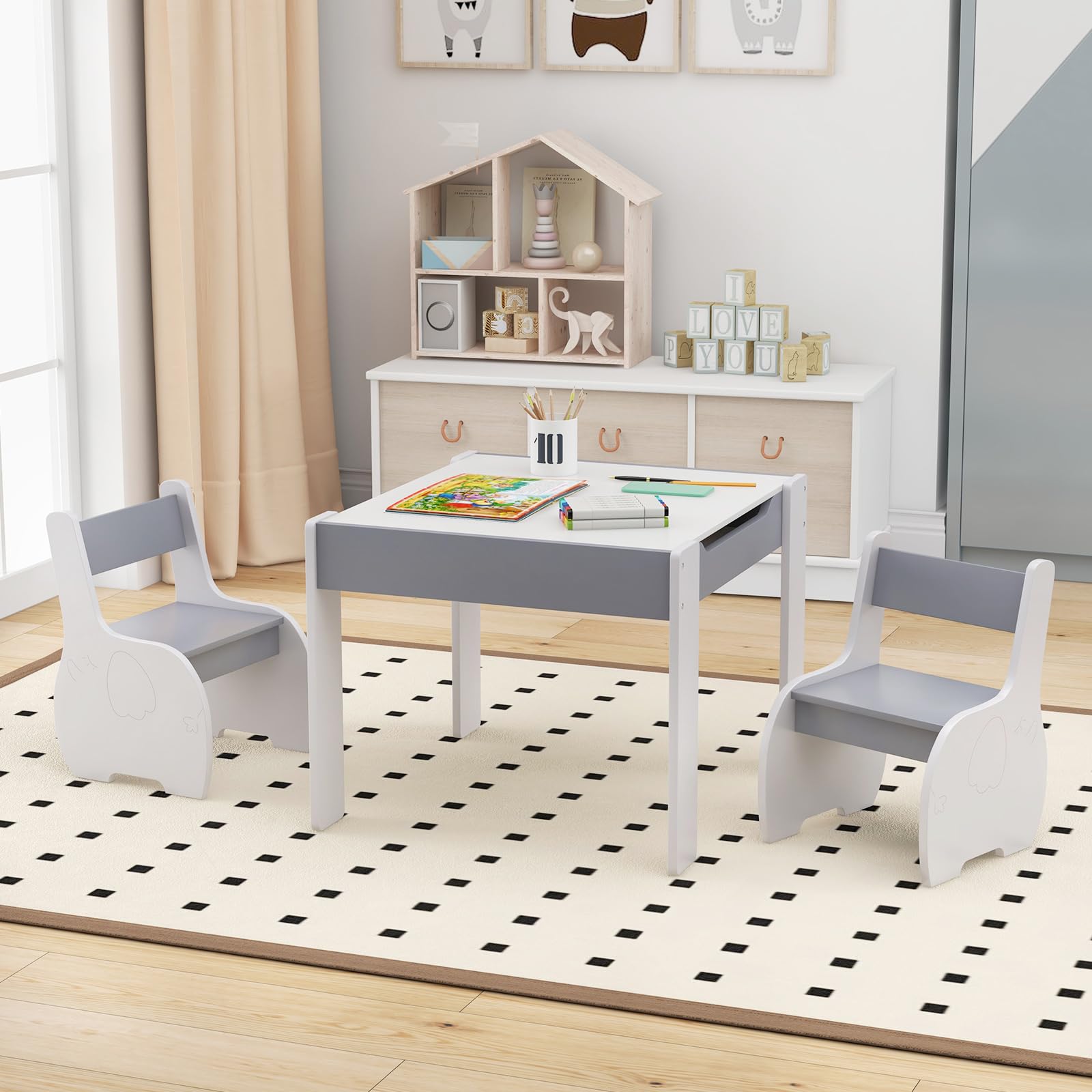 COSTWAY Kindertafel met 2 stoelen, 3-delige houten kinderzitgroep met omkeerbaar en afneembaar tafelblad, kinderschildertafel met opbergruimte, kindermeubelzitgroep voor vanaf 3 jaar (lichtgrijs