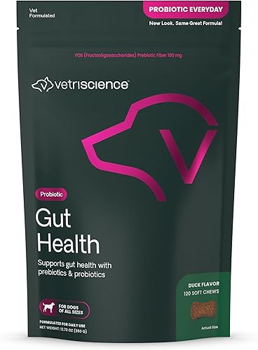 VetriScience Probiótico diario para perros Sabor de pato 120 masticables - Picazón en la piel Salud intestinal y alivio de gases con prebióticos
