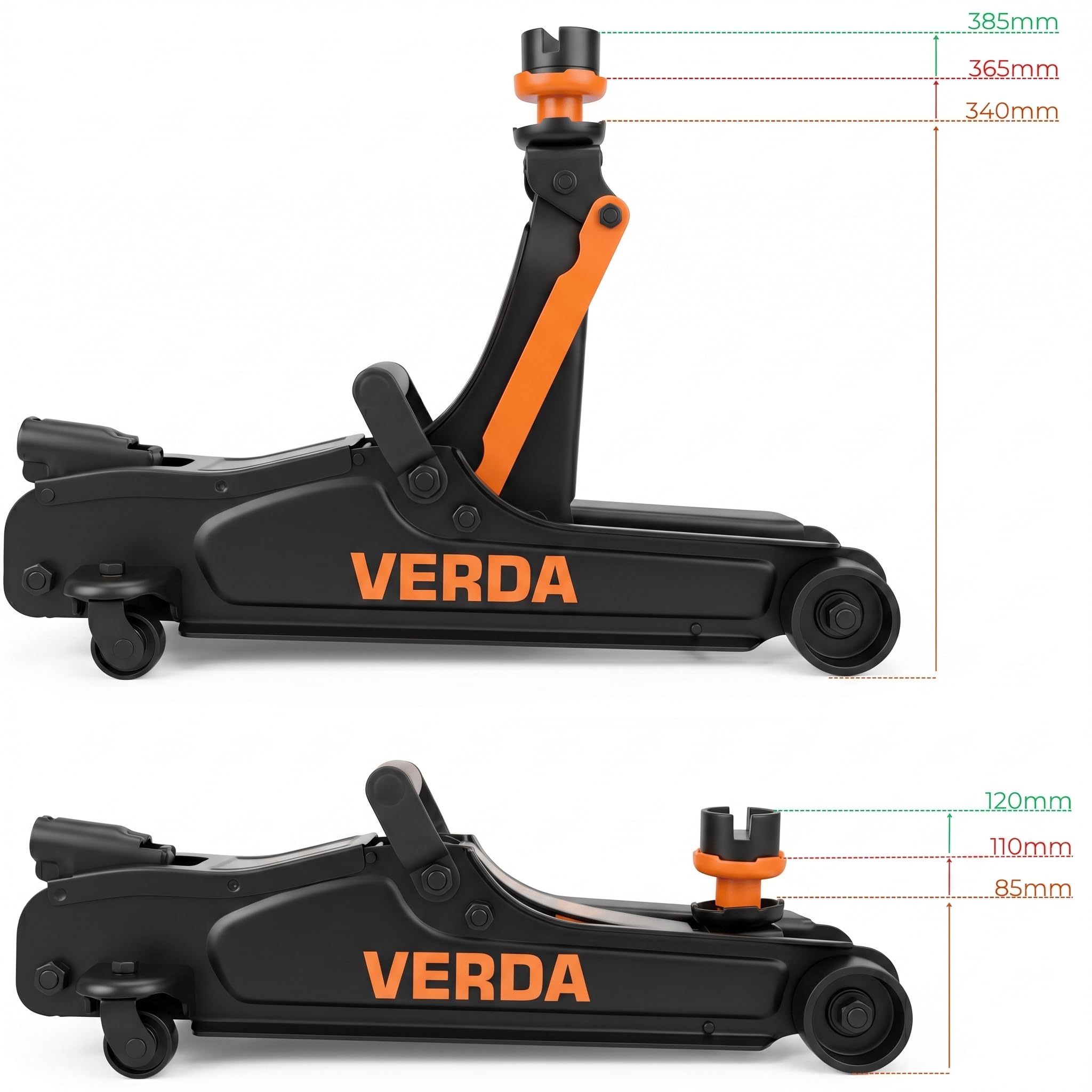 Verda Gato hidráulico de 2,5T, 85-365 mm, elevador para coches, profesional