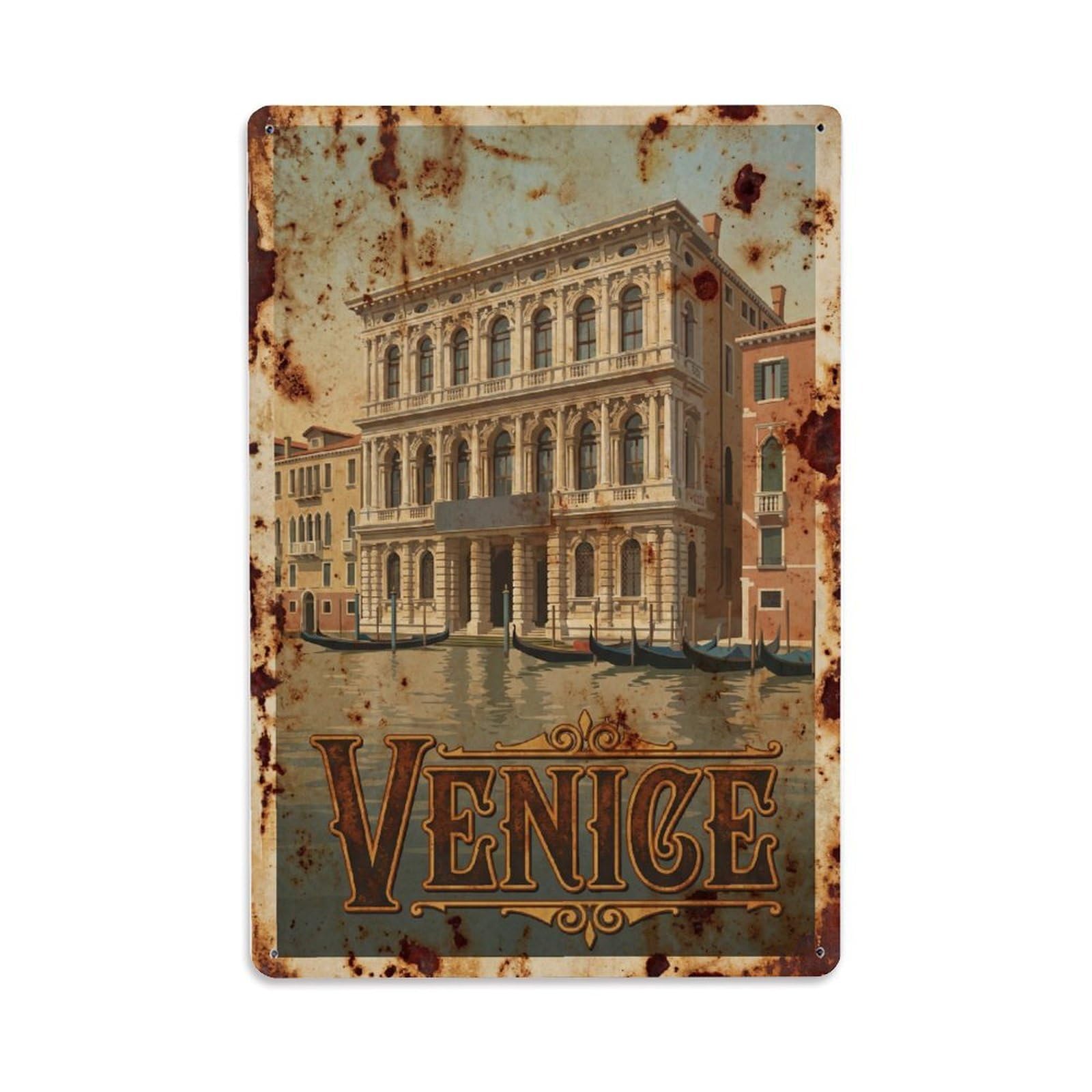 Vintage Travel Venice Ca Rezzonico Baroque Palace Museum Rusted Italy Metal Tin Sign Plaque Wall Decor for Cafe, Club Bar, Office, Home Garden Metal Poster 8x12Inch
