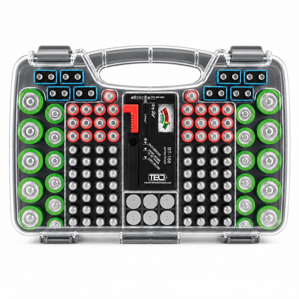 180 Battery Organizer Case with Tester, Double-Sided, Locking Lid