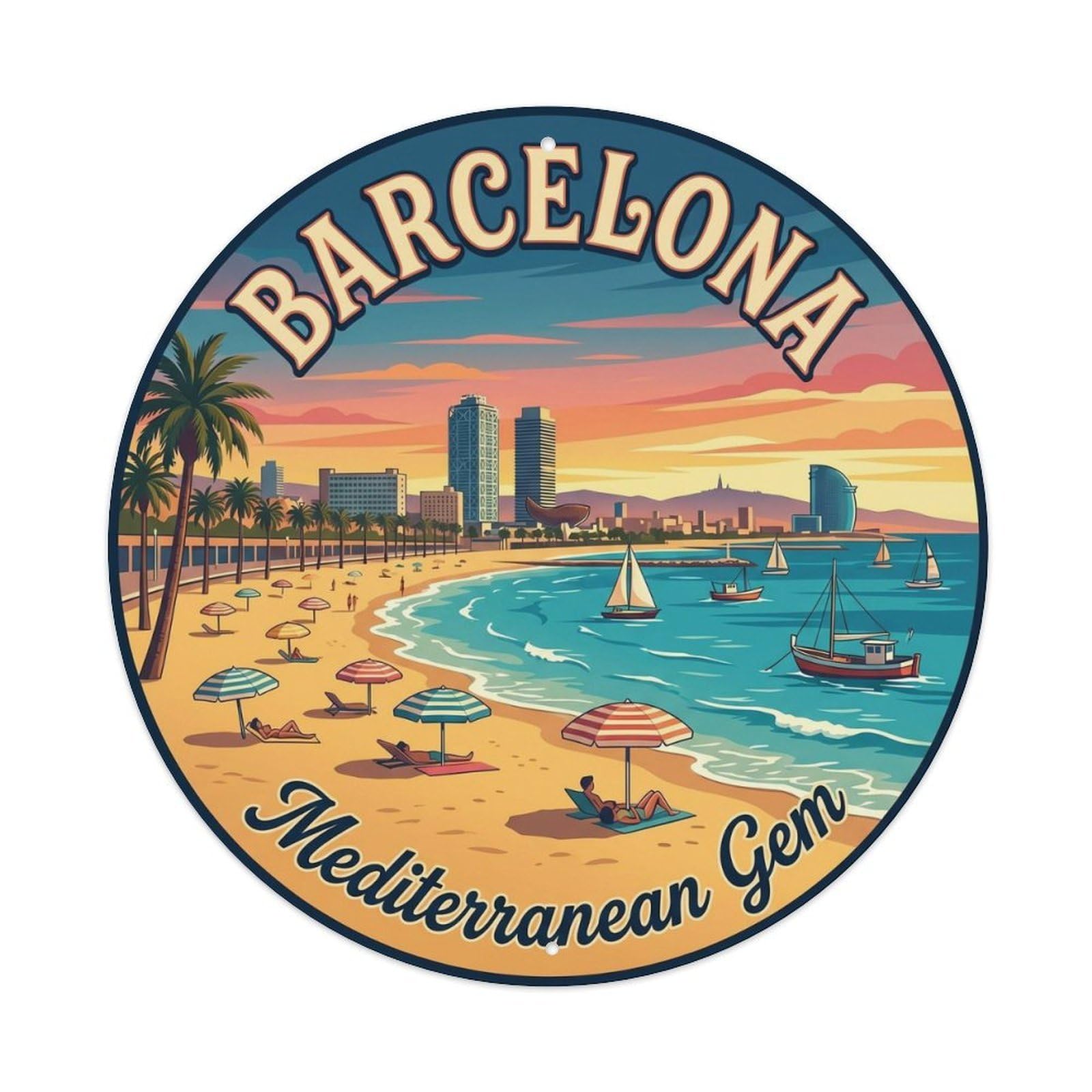 Mediterranean Barcelona Beach Travel Cityscape Culture Metal Tin Sign Plaque Wall Decor for Cafe, Man Cave, Club Bar, Office, Home Garden Round Metal Poster 8x8Inch