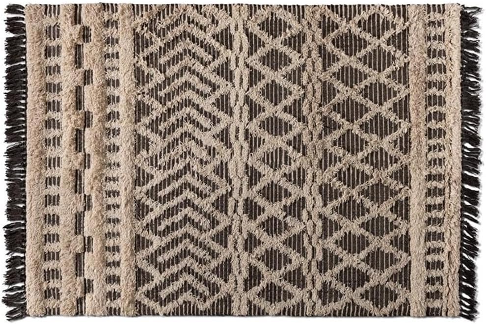 BOWERY HILL Handwoven Wool Area Rug, 63 x 90.6 in, Ivory and Charcoal, Geometric Design with Fringe, 1.2 in Pile Height, Latex-Free Indoor Modern Rug for Living Room or Bedroom Use