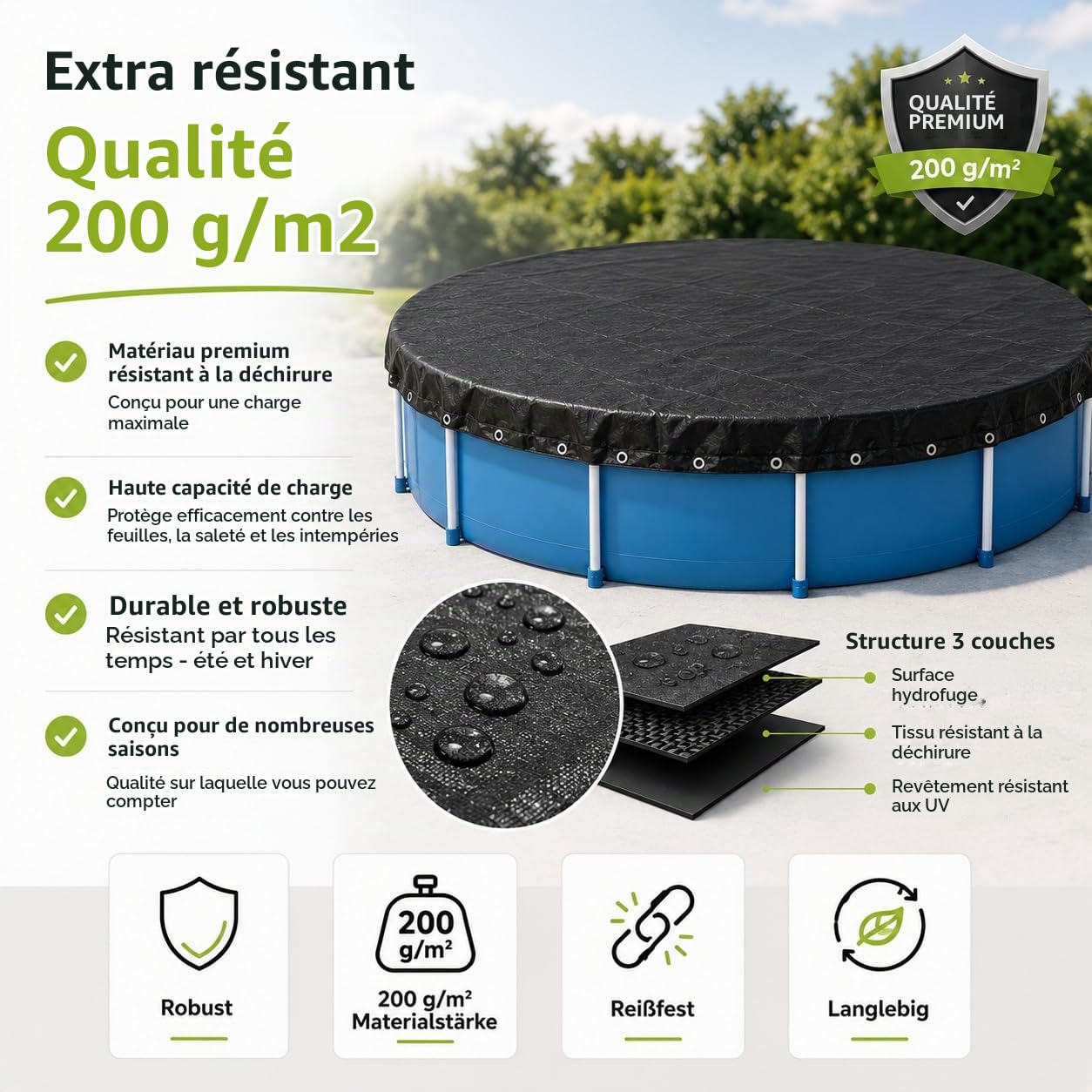 Bâche de piscine ronde - Extra forte 200 g/m² - Bâche solaire résistante aux UV pour été et hiver - Bâche de piscine robuste en noir (366-400 cm (Ø 460 cm)