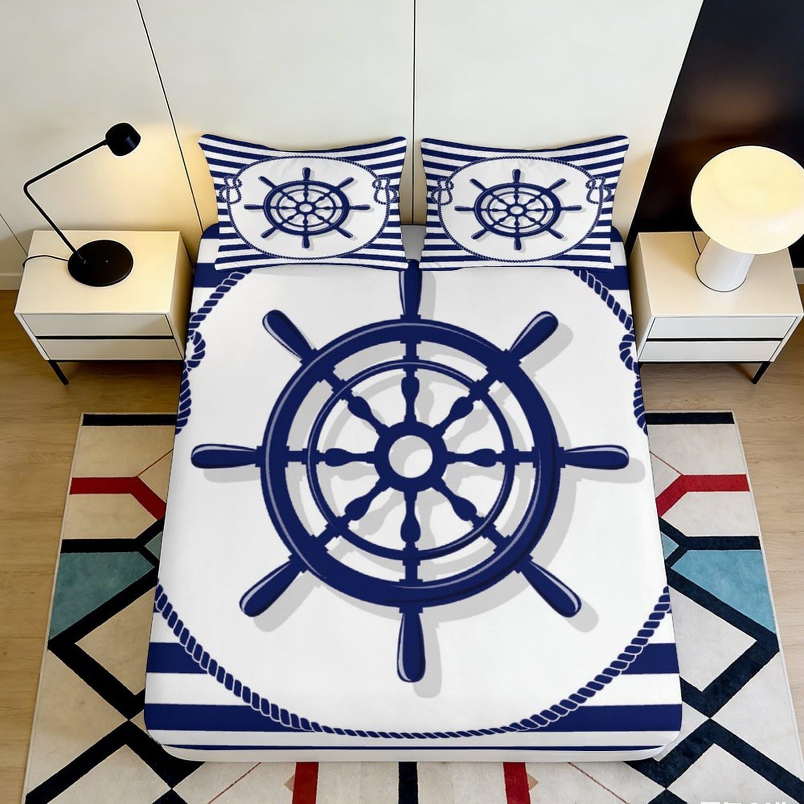 3D Printed Nautical Ship Wheel Fitted Sheet Microfiber Soft Breathable Marine Design Mattress Cover for Bedroom Dormitory Guest Room Protection 160x200x25cm