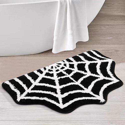 Estmy Alfombra gótica de tela de araña para interiores de Halloween, 2 x 3 pies, de felpa, gótica, bonita, divertida, de Halloween, tapete de baño,