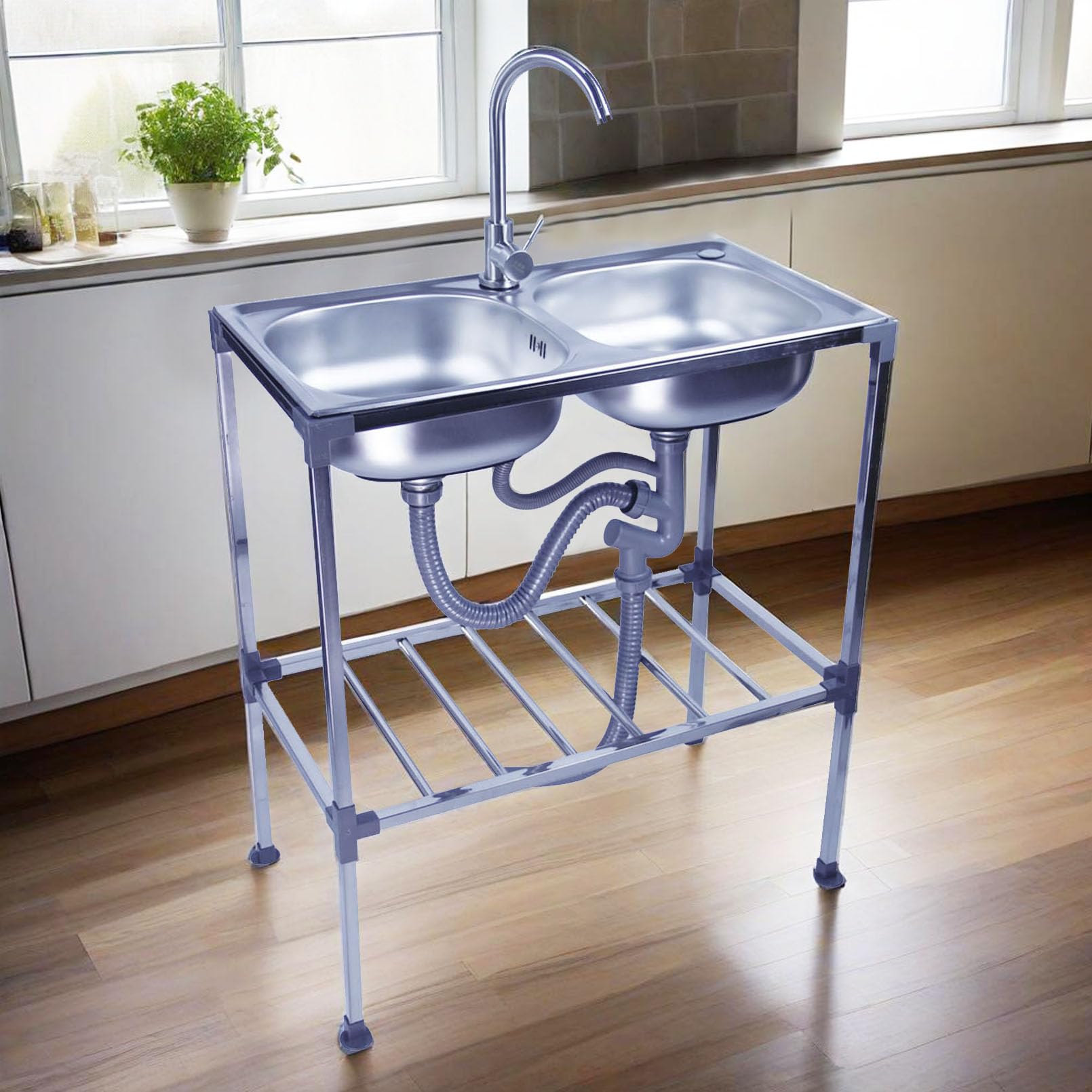 LMYSXAOZ Portable Stainless Steel Double Basin Sink - Free Standing Utility for Kitchen Outdoor Camping Laundry Garage & Restaurant with Drainer Kit