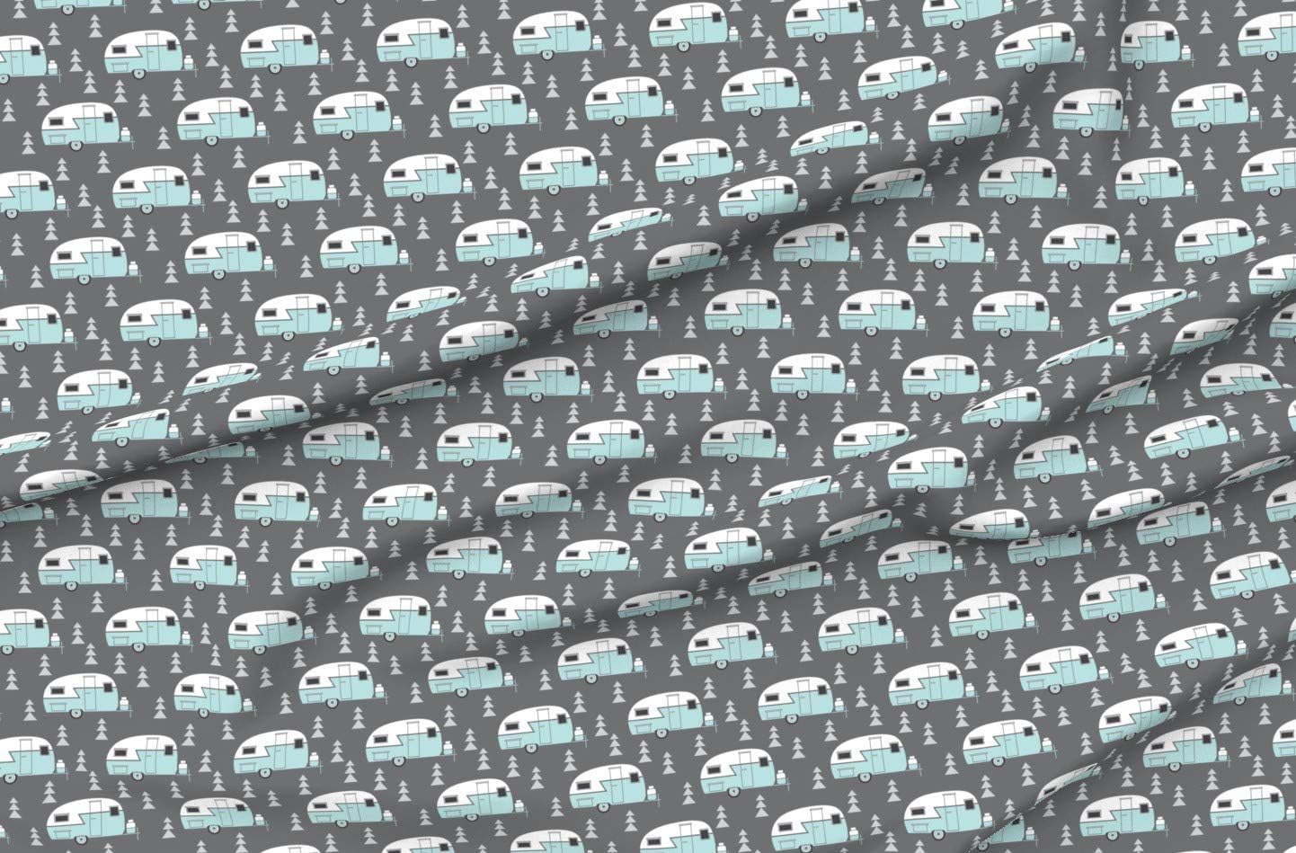 Spoonflower Fabric - Trailer Vintage Turquoise Charcoal Camp Camping Camper Retro Caravan Printed on Minky Fabric by The Yard - Sewing Baby Blankets Quilt Backing Plush