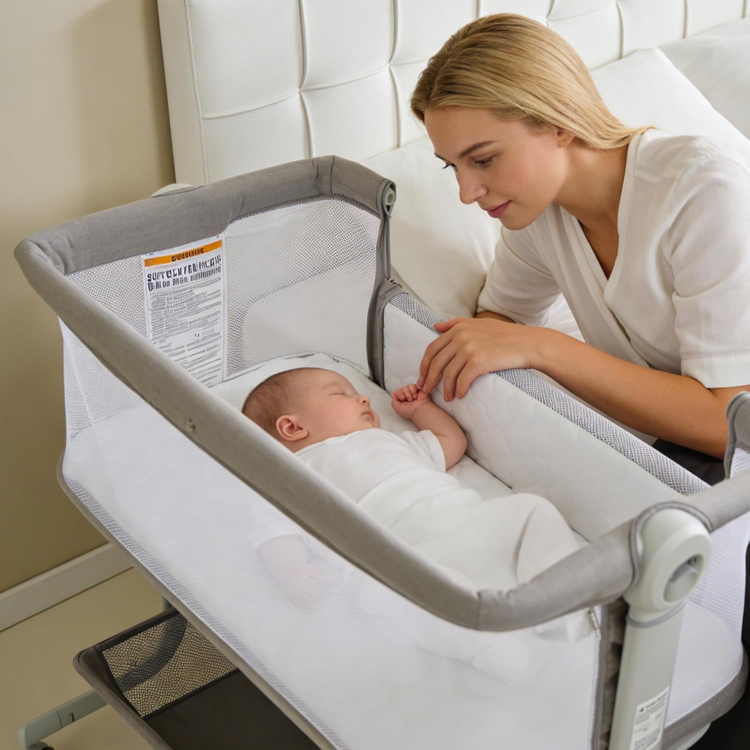 GarveeTech 3 in 1 Portable Baby Bedside Sleeper Bassinet, Travel Crib with Easy Folding & Carry Bag, 6 Adjustable Heights, Anti-Reflux Incline, Mosquito Net, Storage Basket and Wheels