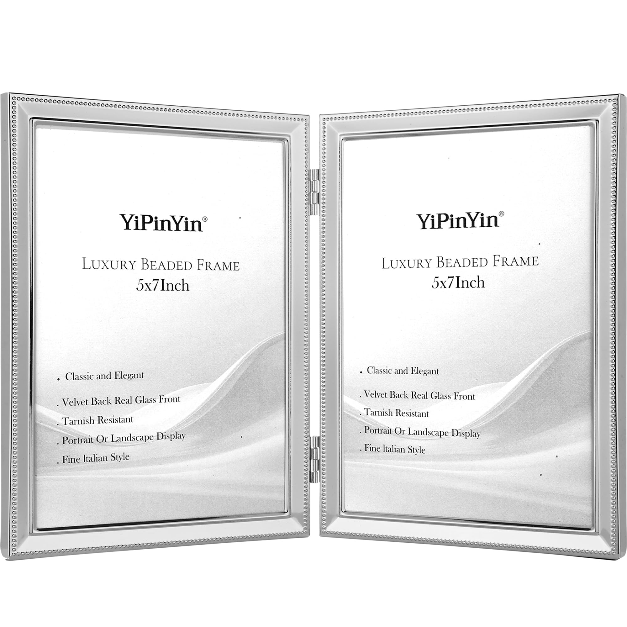Elegant Silver Plated 5x7'' Double Picture Frame,Metal Beaded photo Frames with Real Glass & Velvet Backing,Hi End Classy Silver Double Frame 7x5'' for Desktop Or Shelf Display