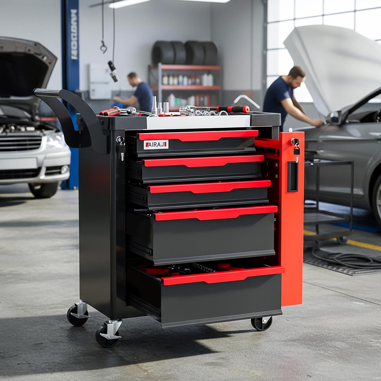 5-Drawer Tool Chest with Wheels, Rolling Tool Chest with Side Drawer,Tool Cabinet Drawers lockable,Tool Cart with Top compartment,for Garage Storage,Workshop,Home,Safety Rounded Corner Anti-collision