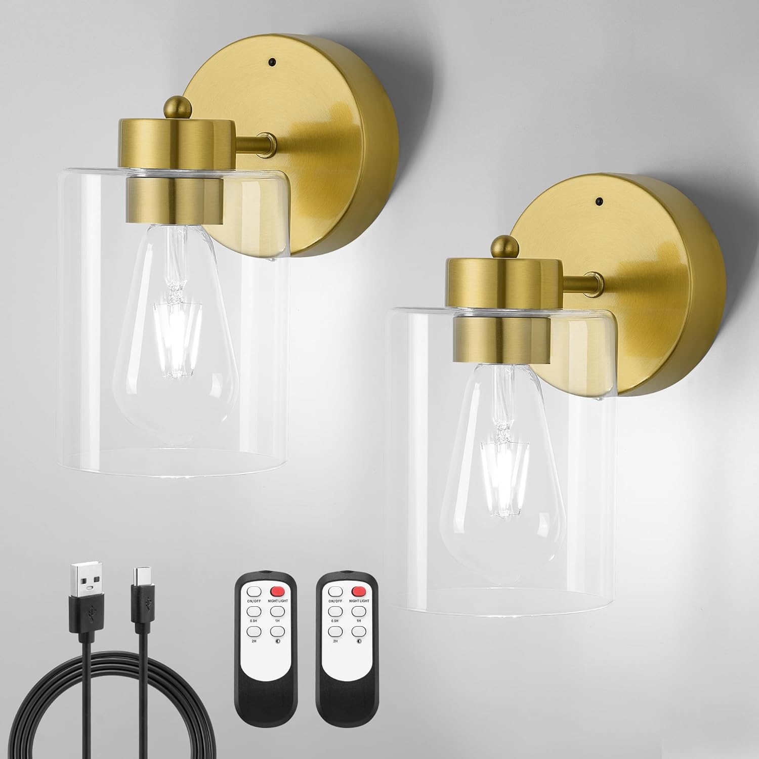 Battery Operated Wall Sconces Set of Two, Brushed Gold Sconces with Remote, Magnetic Wireless Wall Lights with Bulbs, Rechargeable Sconce for Bedside, Bathroom(White Light)