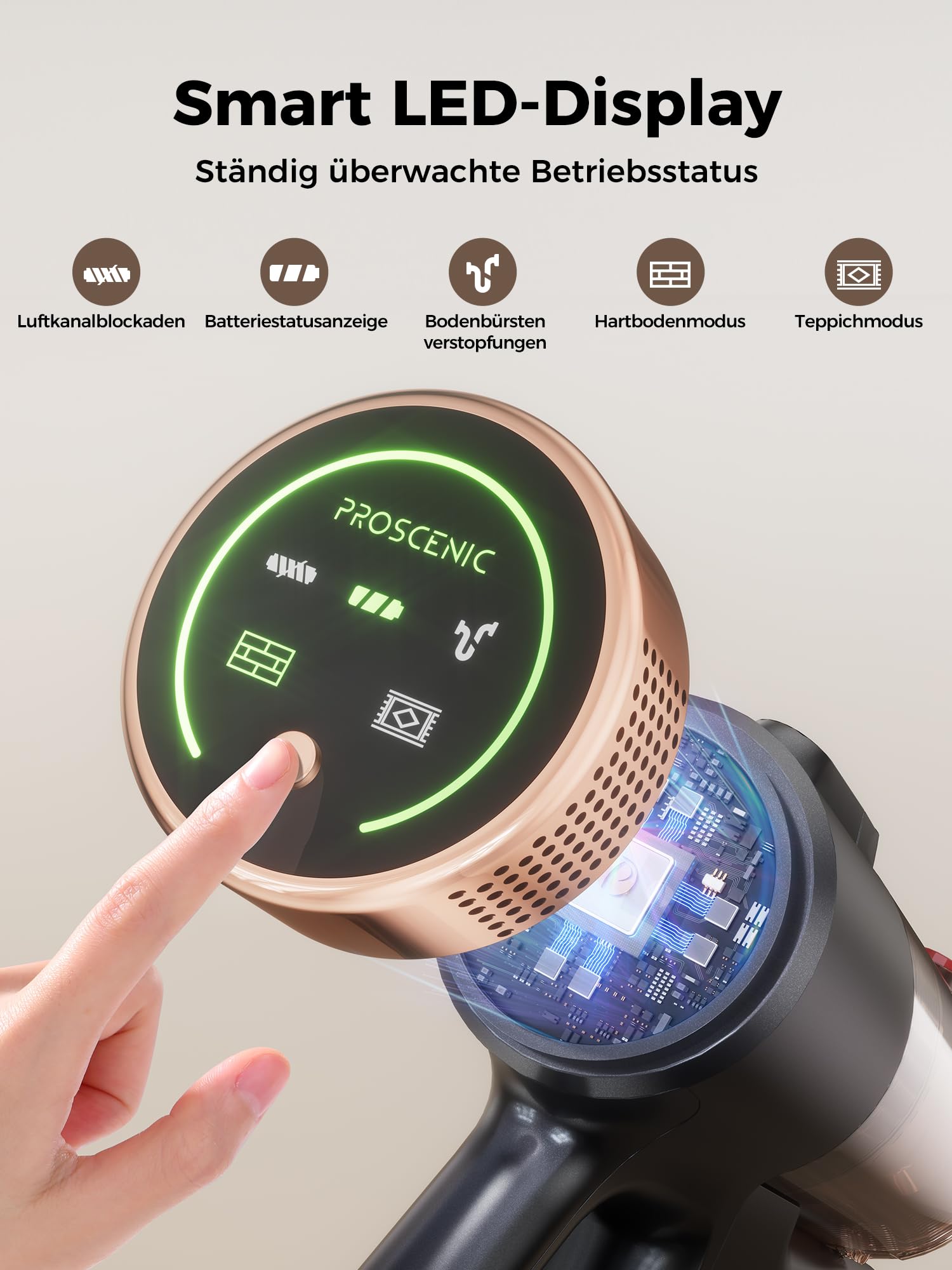 Proscenic P11 Ultra Staubsauger Kabellos, Leichter Selbststehend, 50 Kpa 50 Min 500W Akku Staubsauger mit Touchscreen Grünes Licht, Anti-Tangle, Akkusauger für Teppich, Hartböden, Auto, Haustierhaare