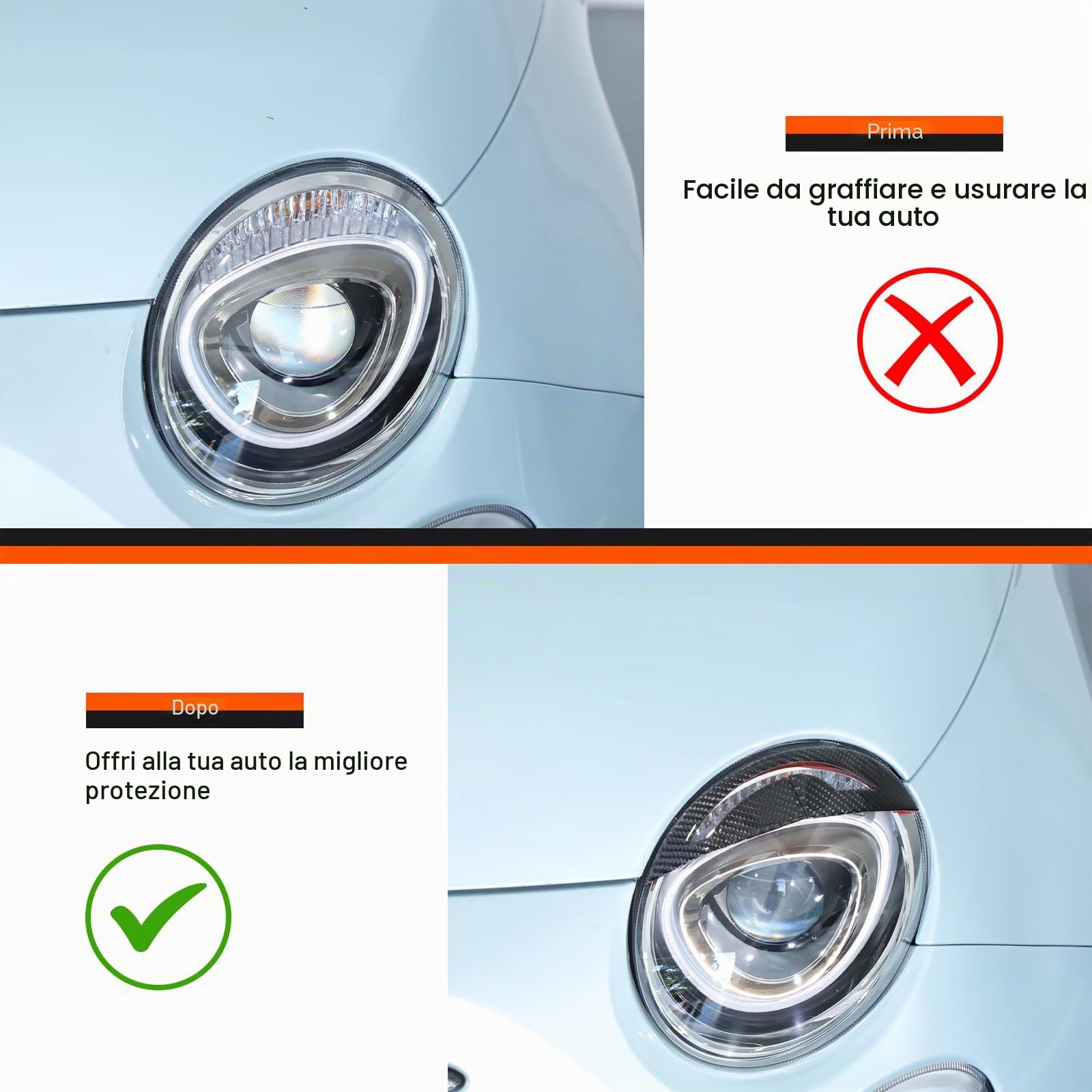 Copertura per palpebre per fari e sopracciglia, per @F@iat @500/Abarth 595 2016-2023, accessori esterni per fari auto, colore nero