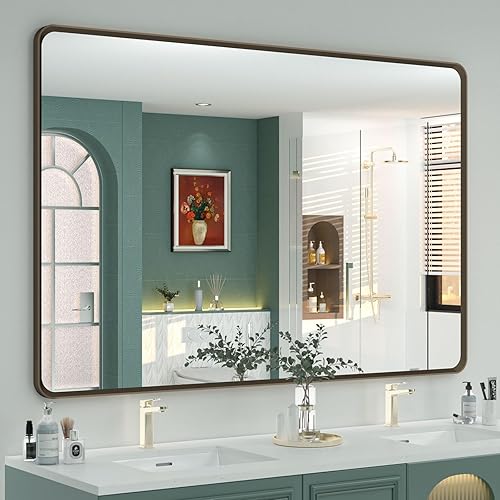 Miniatura 25 de OKPAL Espejo de Baño con Marco de Metal Negro de 40 x 36 Pulgadas para Pared, Espejo de Tocador de Baño Negro Mate, Espejo Rectangular Redondeado