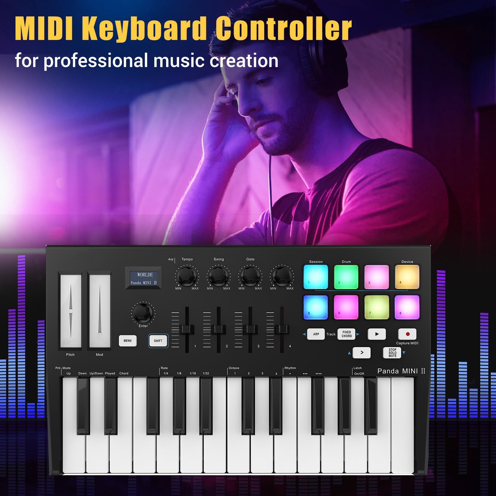 WORLDE Panda MINI II Tastiera Controller MIDI USB Portatile a 25 Tasti con Pad Retroilluminati RGB per Produttori Musicali e DJ Nero + Bianco