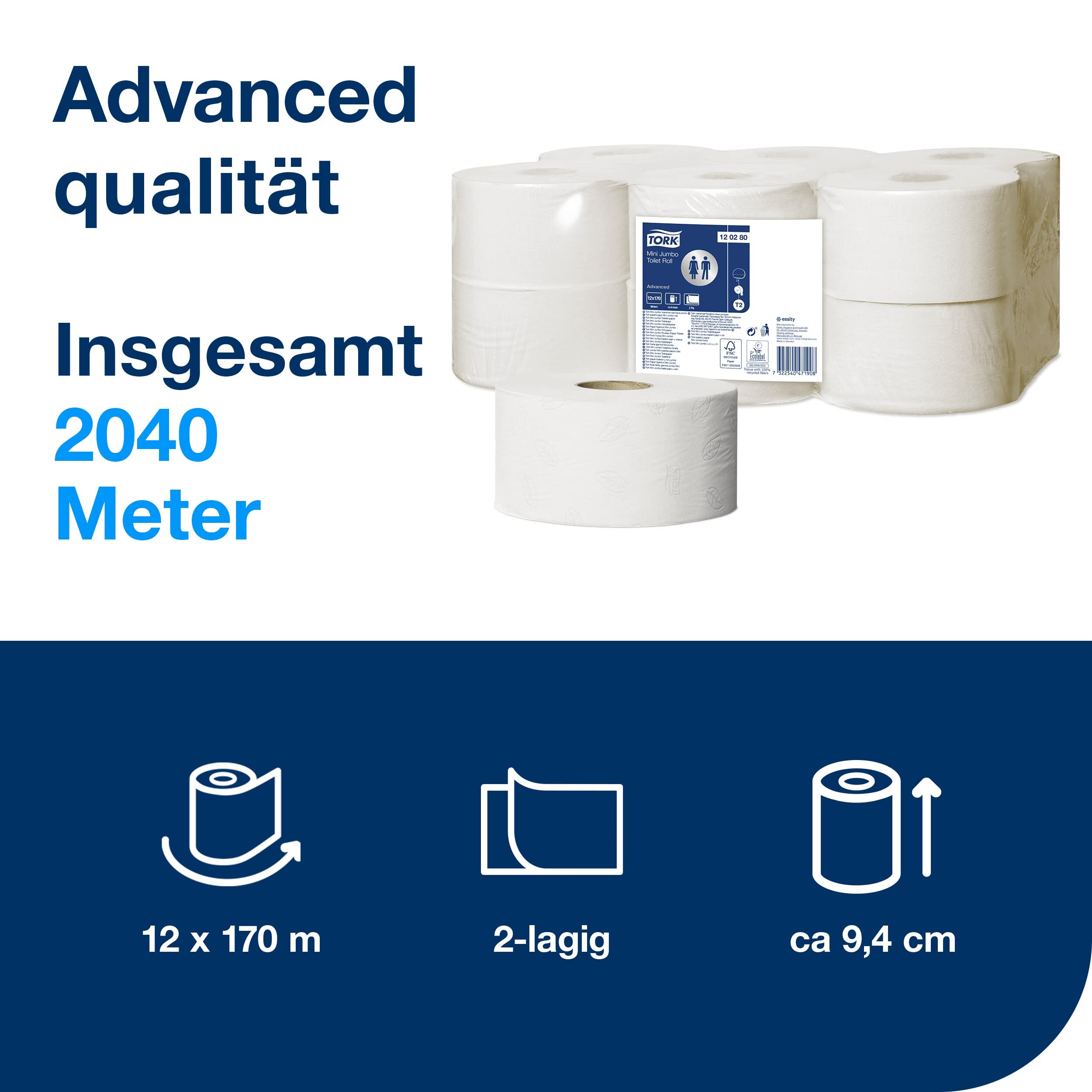 Tork 120280 Mini Jumbo Toilettenpapier in Advanced Qualität für das Tork T2 Mini Jumbo Toilettenpapiersystem / Toilettenpapier 2-lagig in Weiß, 12 x 850 Blatt