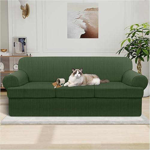 Miniatura 80 de Funda para sofá 100% impermeable, juego de 4 piezas, funda de sofá a rayas para sofá de 3 cojines, con parte inferior de TPU a prueba de fugas