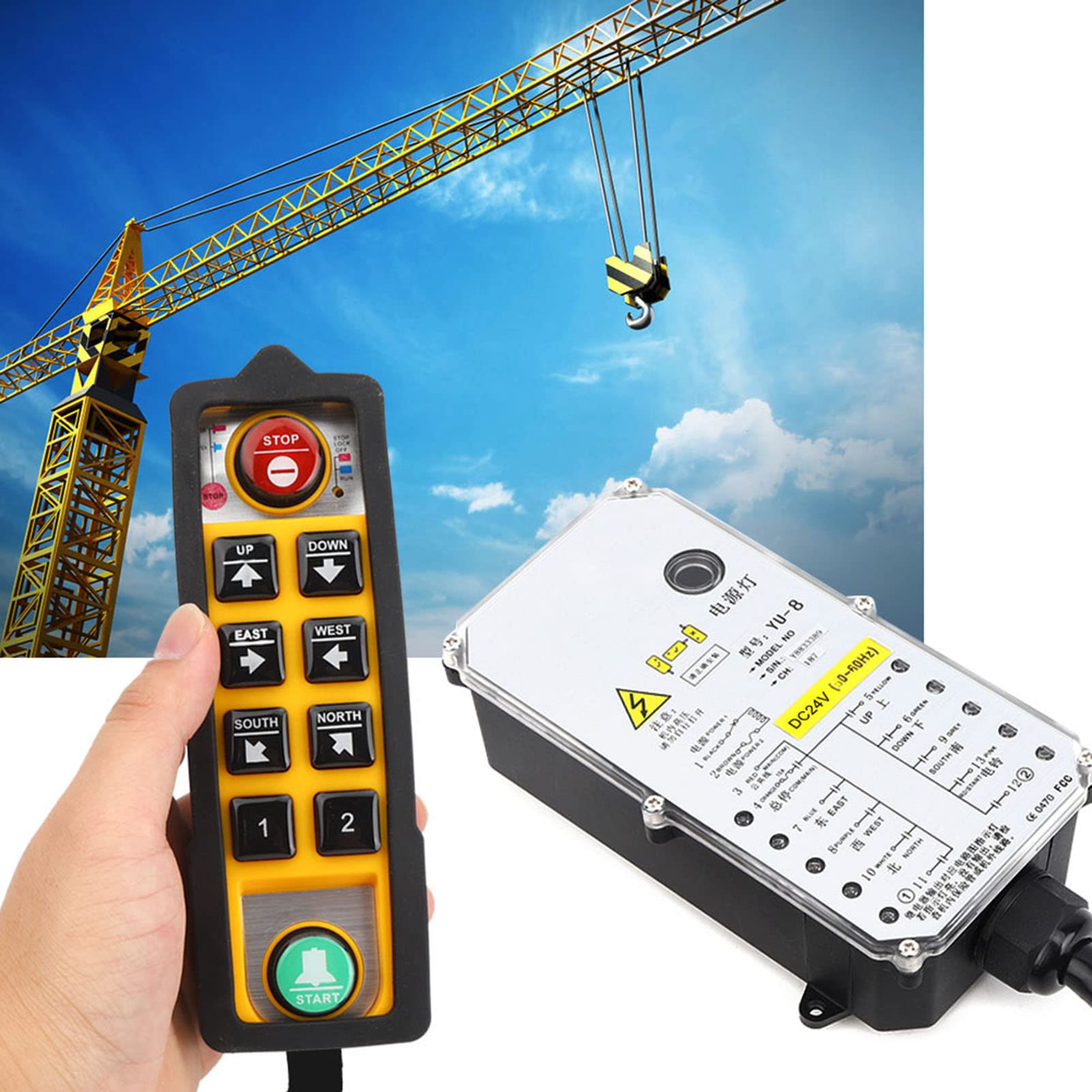 Controller per paranco industriale Telecomando elettrico a maniglia singola YU 8DC24V con 24 V CC - Frequenza 800 MHz - Impermeabile e resistente all'olio per trasportatori di gru (DC24V)
