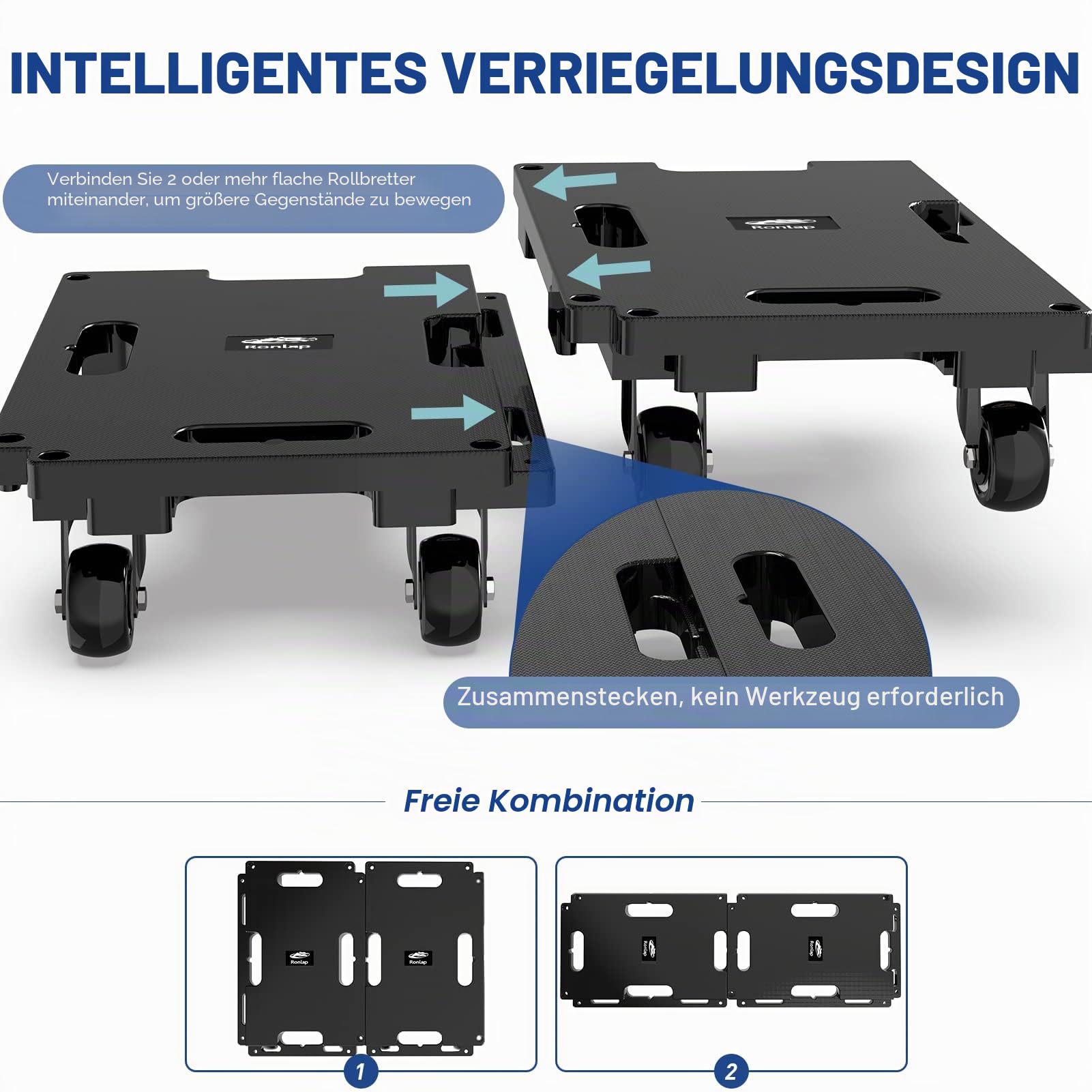 Ronlap 2er Transportroller Möbelroller Tragkraft bis 400 kg Rollbrett Umzugshelfer Erweiterbar, mit 4 elastischen Seilen, Schwarz