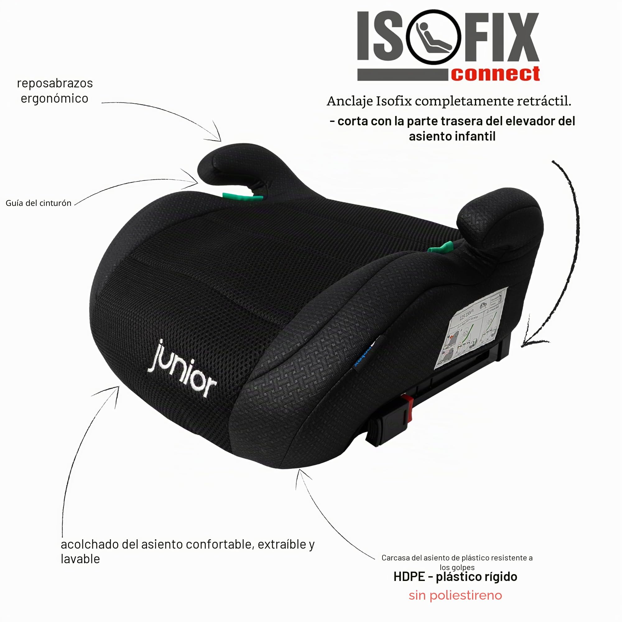 PETEX Asiento elevador para coche Isofix Max Plus i-Size ECE R129 de 7 a 12 años, altura de 125 a 150 cm, color negro