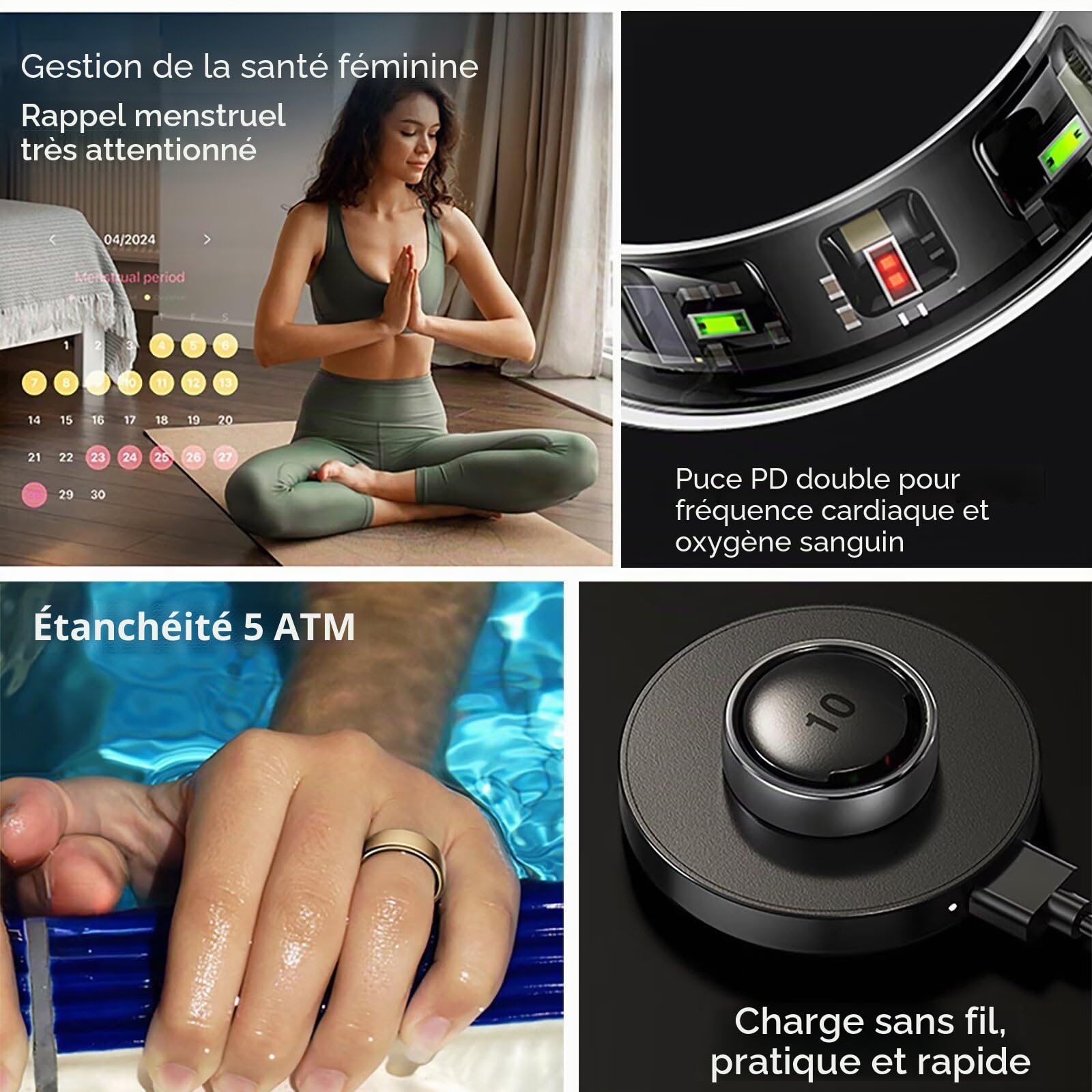 Bague intelligente en acier inoxydable pour homme et femme - Étanche - 5 ATM - Suivi de fitness - Android iOS - Suivi du sommeil - Moniteur de fréquence cardiaque - Suivi de fitness - Podomètre
