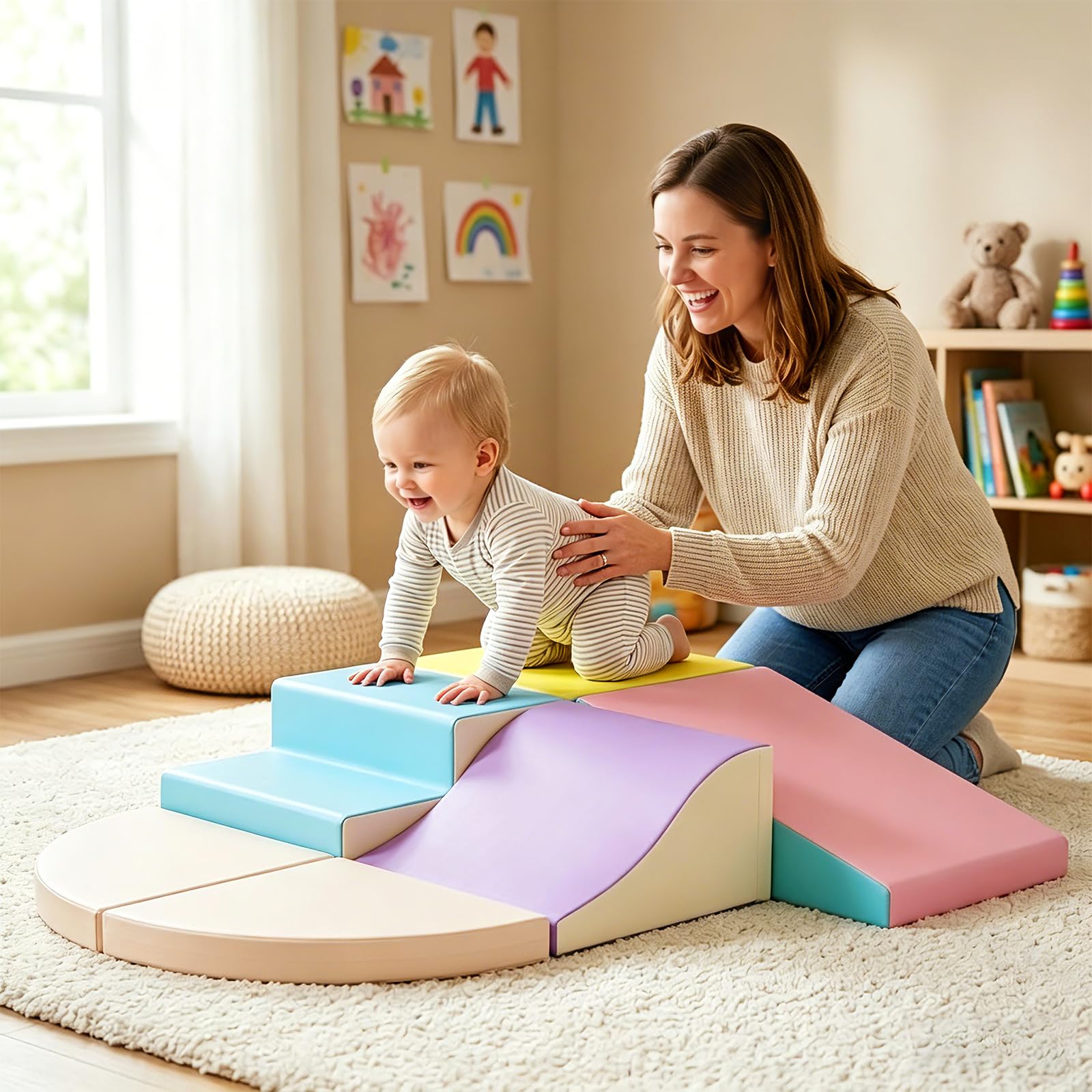 Parcours motricité bébé,6 Pièces Module Motricité Enfant Cuir PU Blocs Mousse Éducatifs - EPE Jouets Descalade Bébé Structure d'escalade Antidérapante (Macarons)