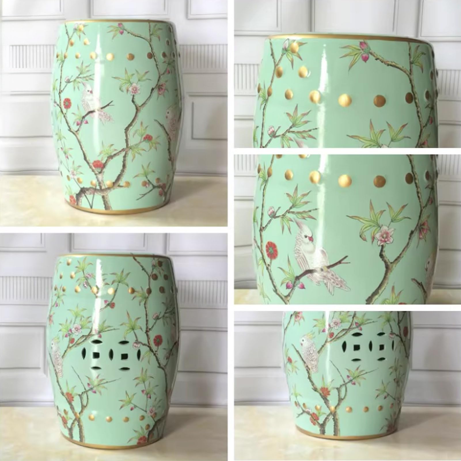 Ceramica Cinese Sgabello, Sgabello da Giardino in Ceramica, Sgabello da Giardino a Tamburo in Ceramica, Sgabello da Giardino Decorativo Smaltato, Design di Fiori E Uccelli(Green A)