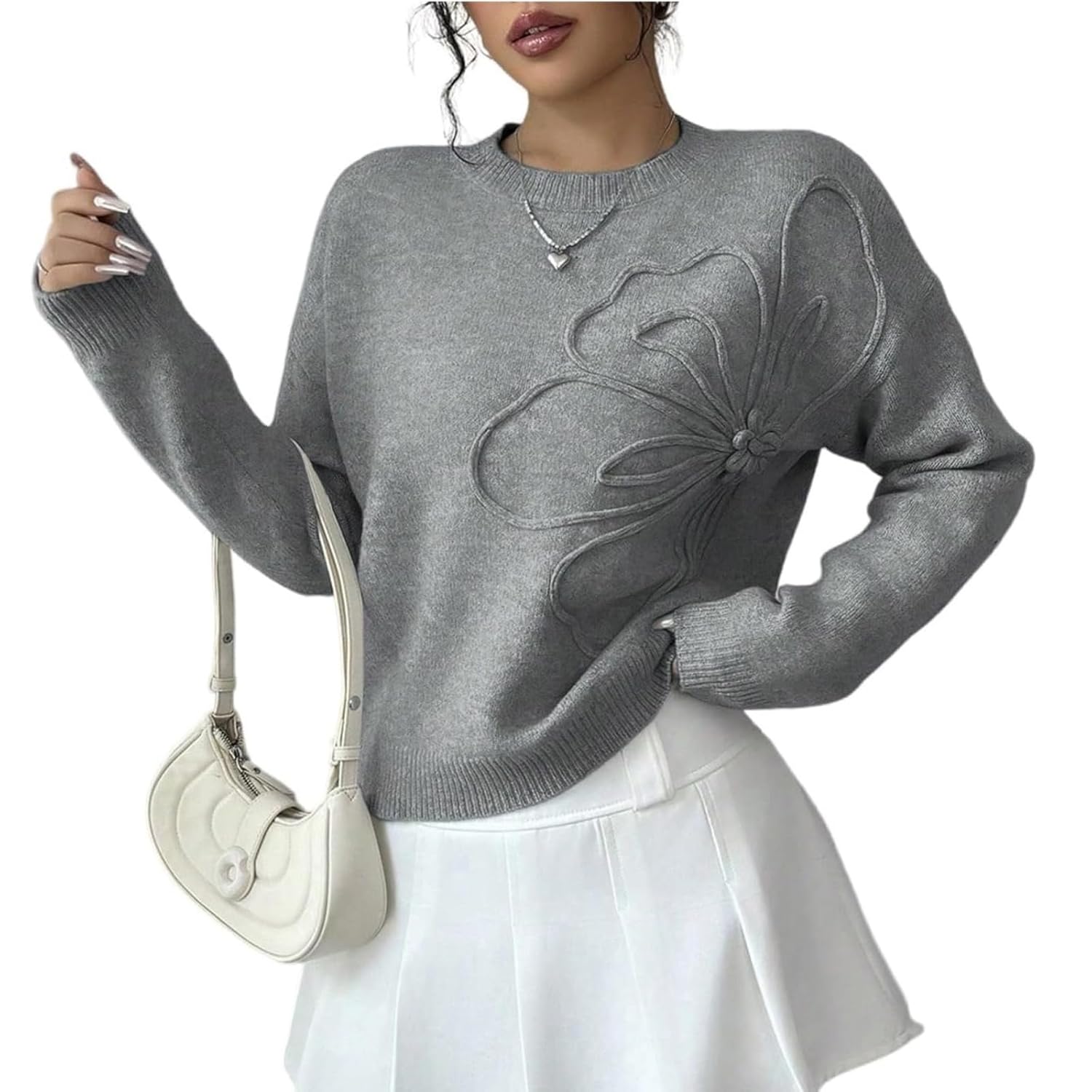 Womens 3D Floral Appliques Crewneck Sweaters Long Sleeve Drop Shoulder Pullovers Elegant Knit Tops