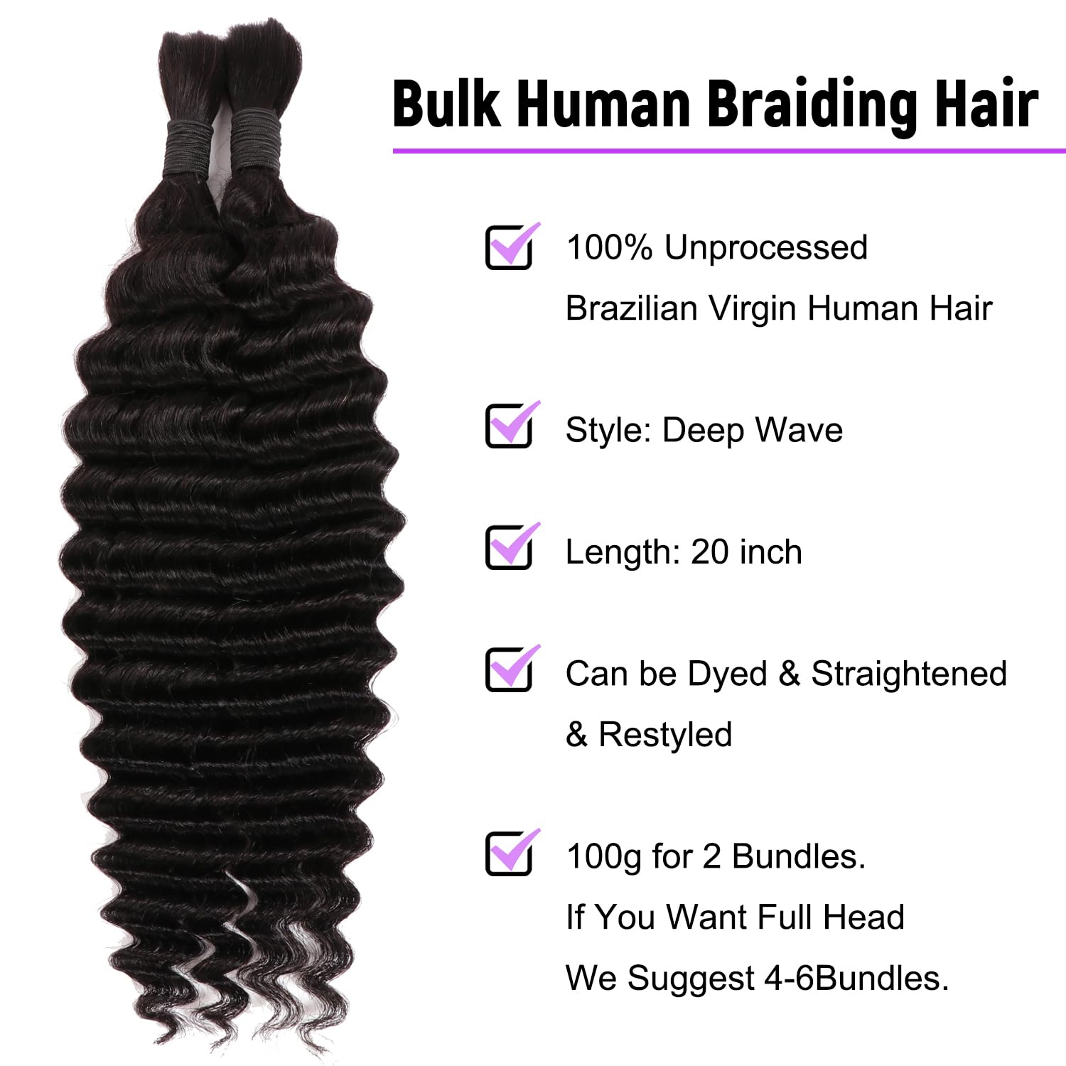 20 Inch Boho Braids Human Hair Extensions For Women 2 Bundles 100g Wet And Wavy Human Braiding Hair For Micro Braids No Weft Deep Wave Bulk Human Hair (1B# - Image 3