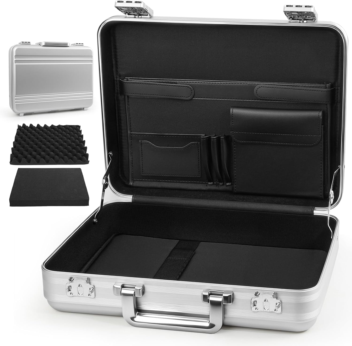 Small Metal Briefcase 16.5X12.6X4.5 Inch TSA Combination Lock Silver Aluminum Toolbox Cash Case 14 Inch Notebook Briefcase with Sponge