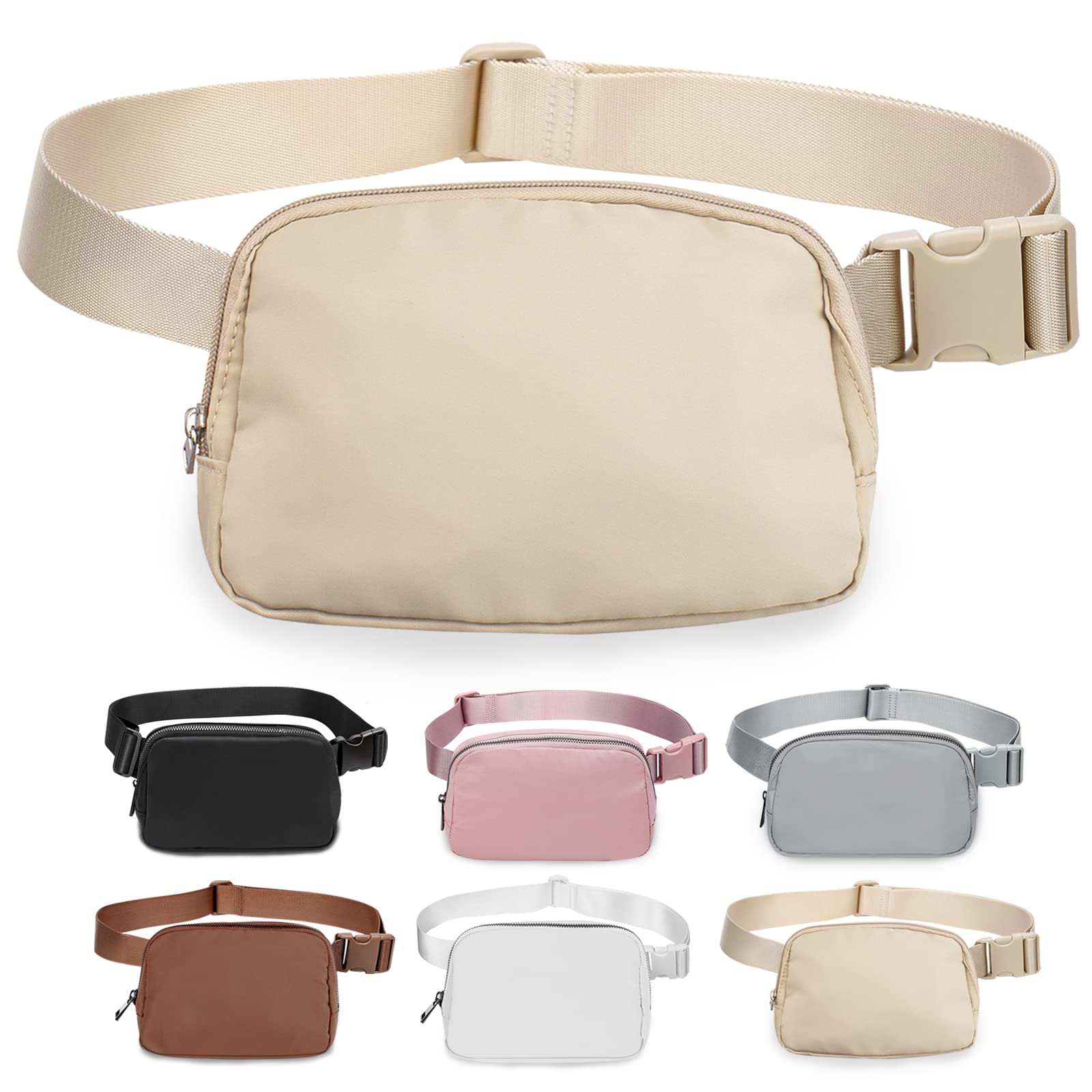 Fanny Pack for Women Teens Girls, 1L Everywhere Belt Bag with Adjustable Strap 32"to 51", Small Bum Bag Beige for Ladies with Multi Pockets, Crossbody Bag Lightweight for Travel Sport Running