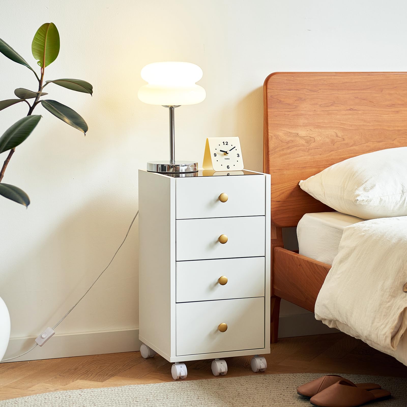 JanlyHome, piccola cassettiera con 5 cassetti, cassettiera da ufficio sotto la scrivania, armadietto in legno con piano in vetro, supporto per stampante mobile con ruote bloccabili, per casa, ufficio,
