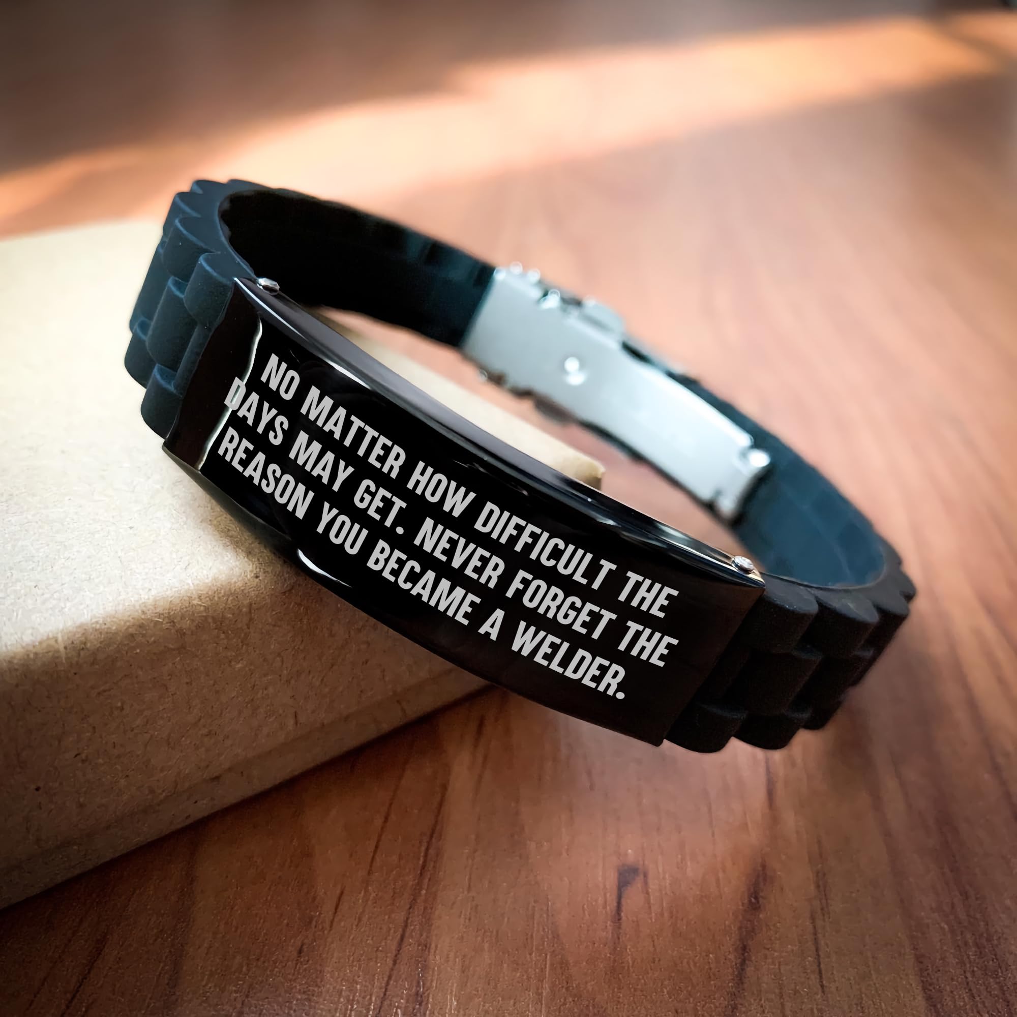 Welder Gifts: Inspirational Quote Glidelock Clasp Black Stainless Steel Silicone Adjustable Bracelet for Welders Birthday