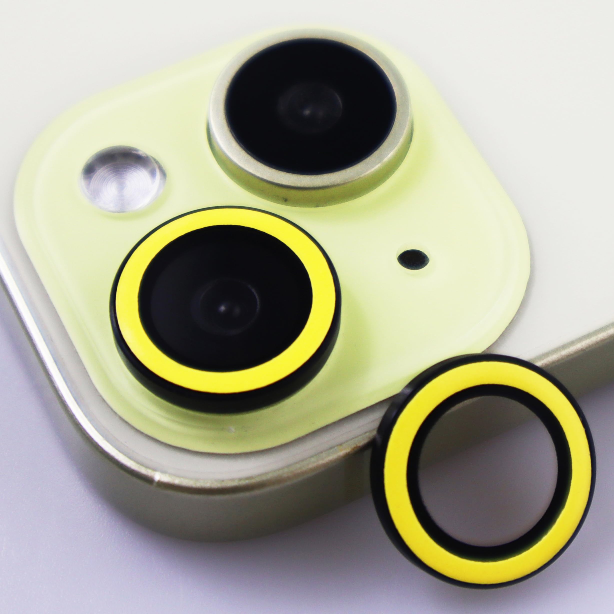 BONVAN for iPhone 15/15 Plus Camera Lens Protector Glow in the Dark Tempered Glass Screen Accessories Luminous Lens Cover for iPhone 15/15Plus (2PCS) (Yellow)