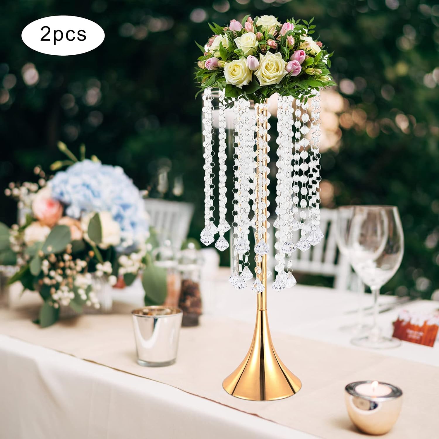 Flower Stand Gold 21.9inch 2Pcs, Flower Vase Crystal Flower Stand Wedding Centerpieces, Round Flower Stand Pedestal Stand for Wedding Birthday Party Decoration (21.9inch Gold 2PCS)